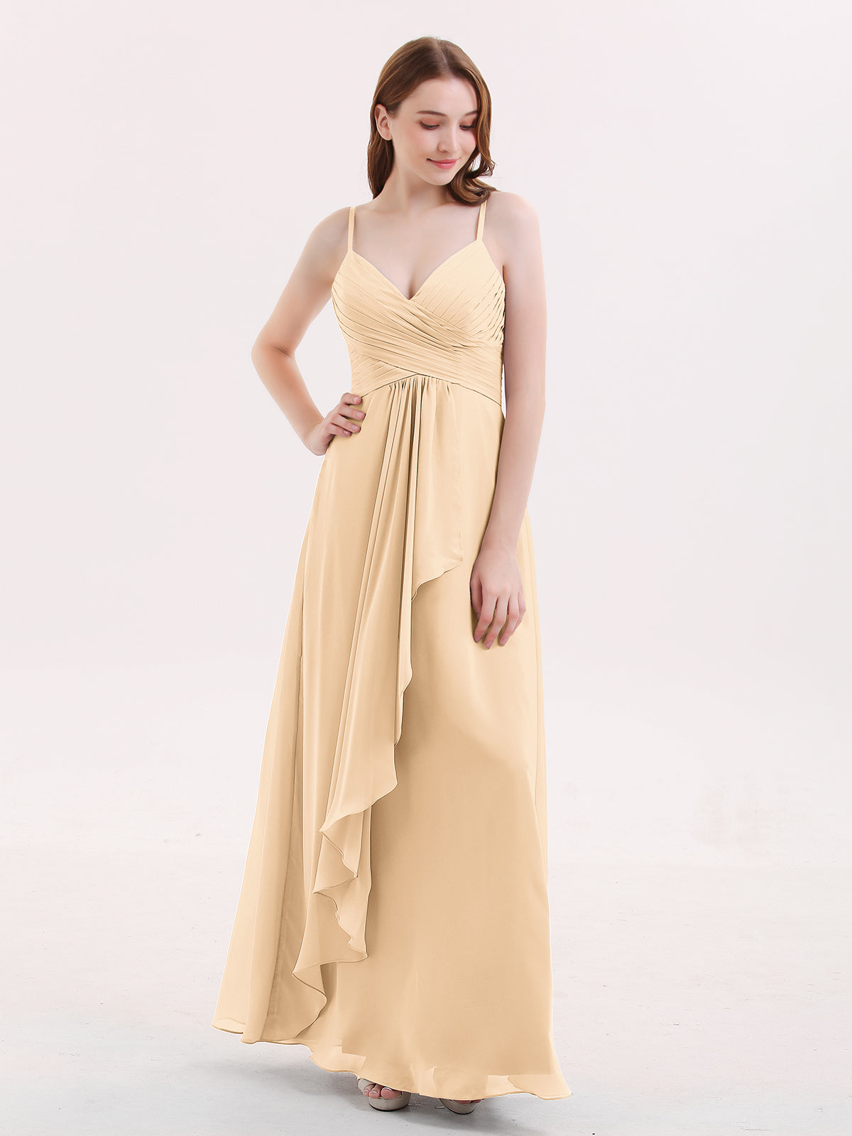 blue dress for baby girl BABARONI Chiffon Bridesmaid Dresses with Cascade Skirt-Peach Plus size, Peach / US18