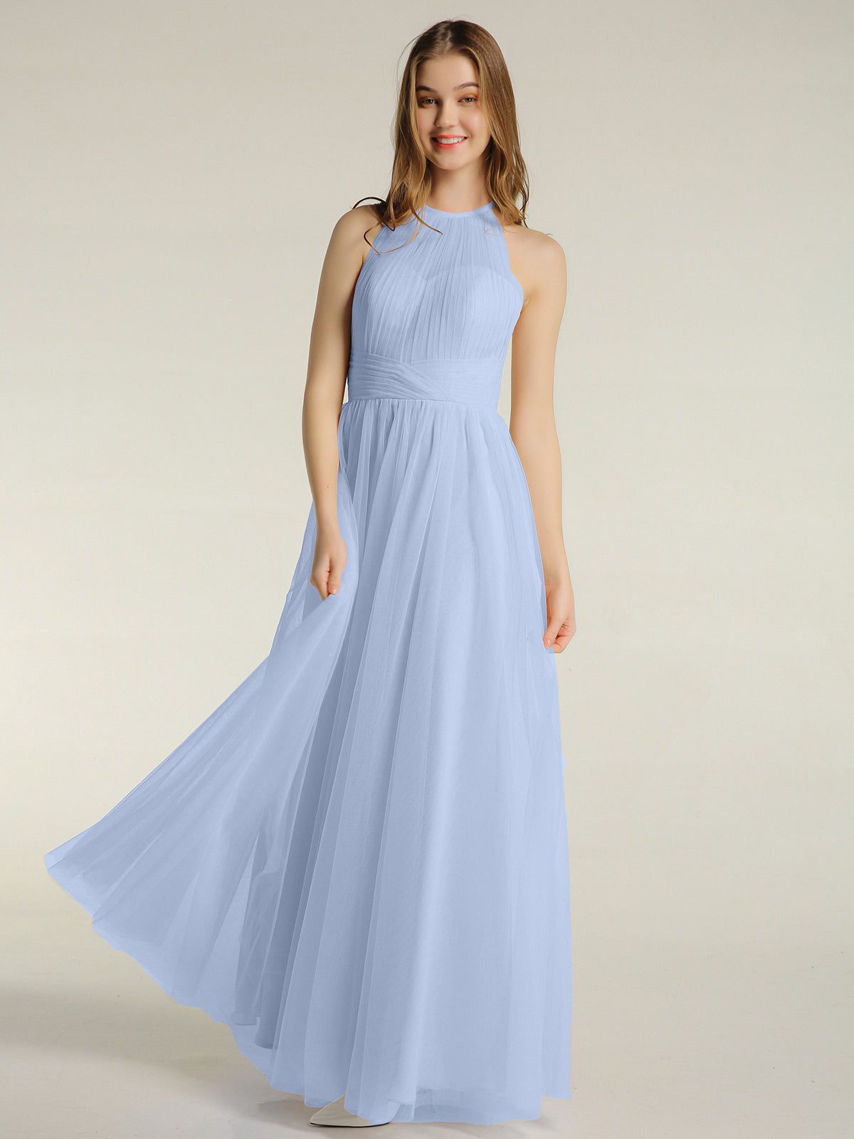 BABARONI Tulle Sky Blue Bridesmaid Dresses Illusion Floor-length Sleeveless  Ruched A-line