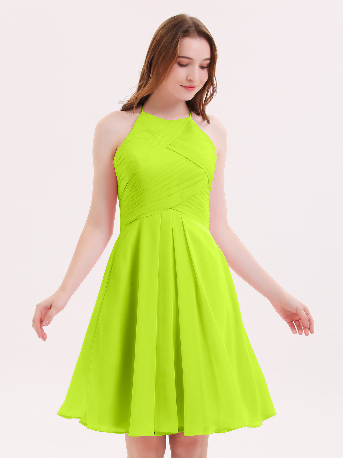 Short Chiffon V Neckline Bridesmaid Gowns Lime Green