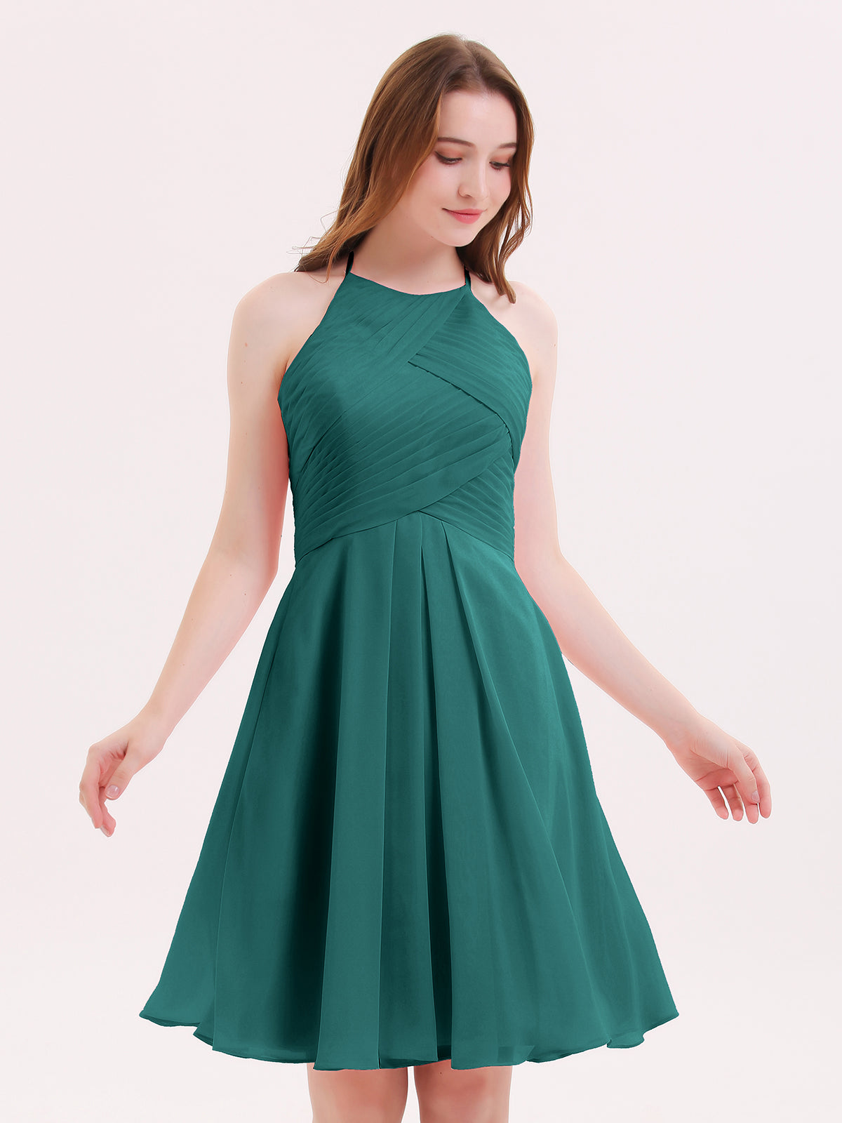 BABARONI Short Chiffon Bridesmaid Dress with Pocket-Peacock Plus Size, Peacock / US18