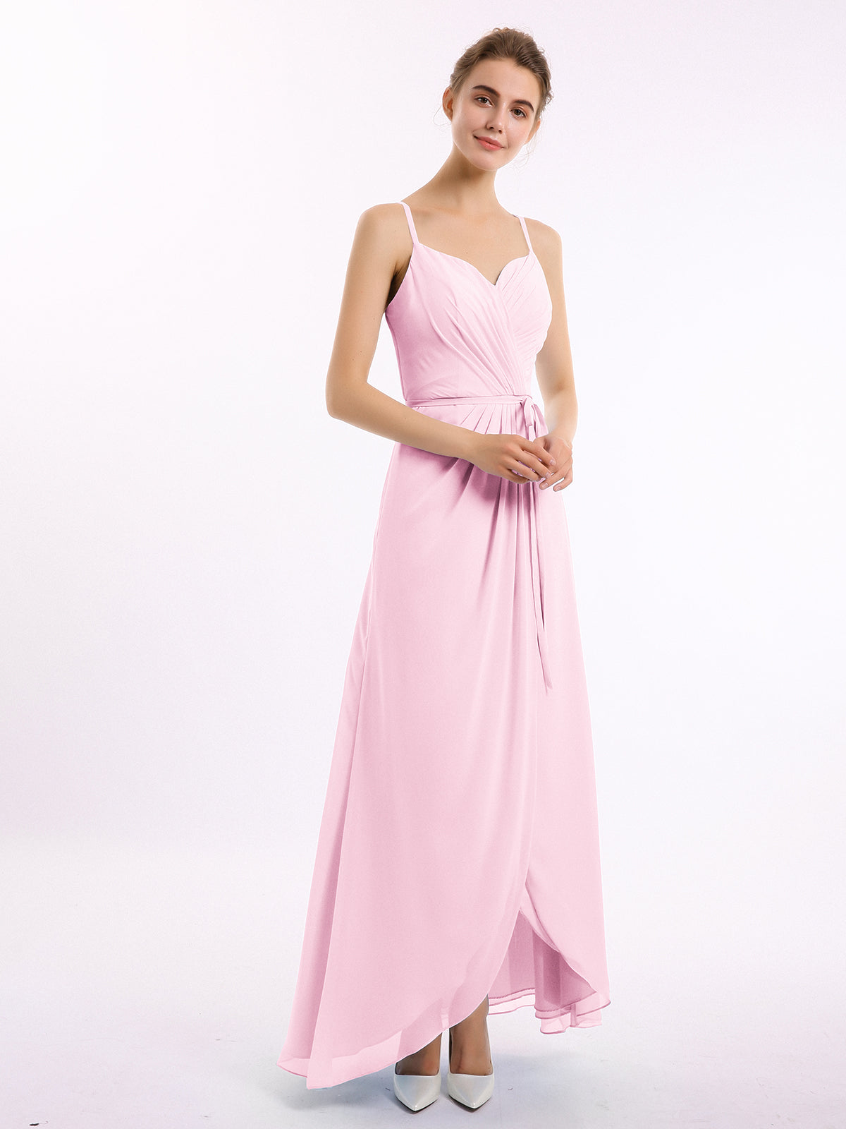 Full-length Spaghetti Strap Off Shoulder Chiffon Gown Blushing Pink Plus Size main image 1
