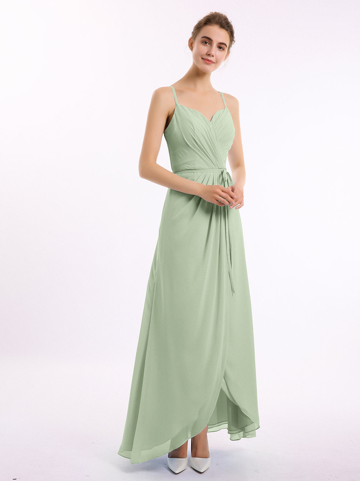 Spaghetti Straps V-neck Ruched Chiffon Dress Dusty Sage