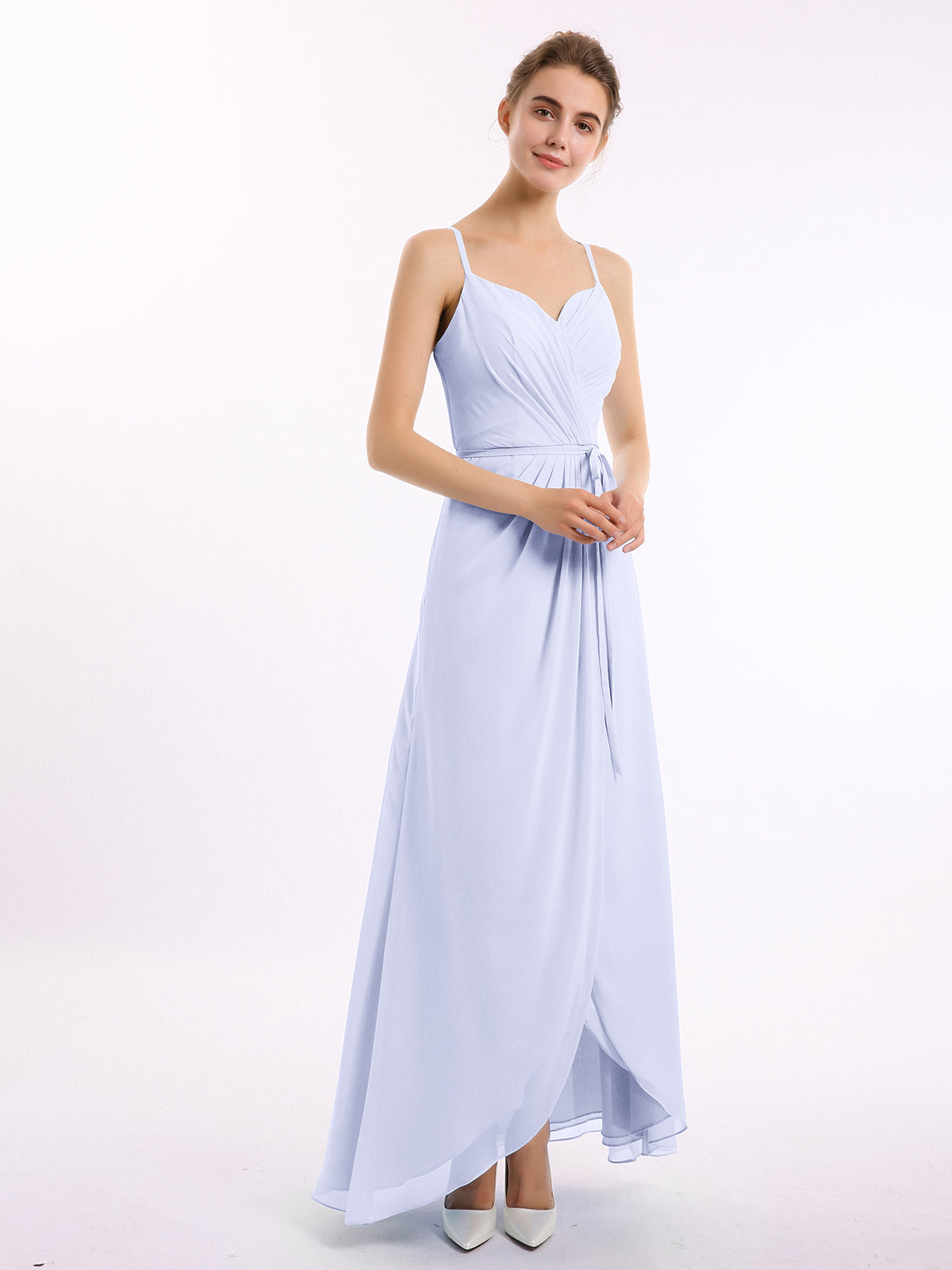 Gorgeous Spaghetti Straps Cross Pleated Chiffon Long Dresses Lavender