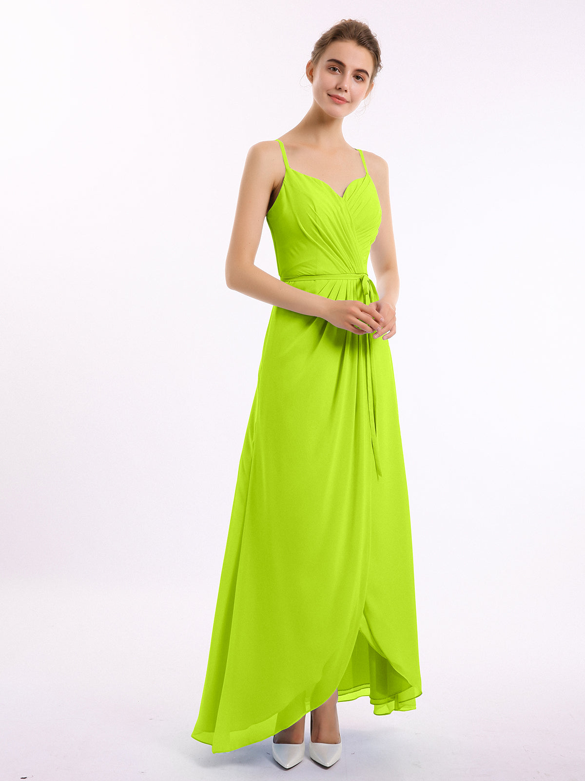 Halter Straps Full Length Chiffon Dresses with Pockets Lime Green Plus Size