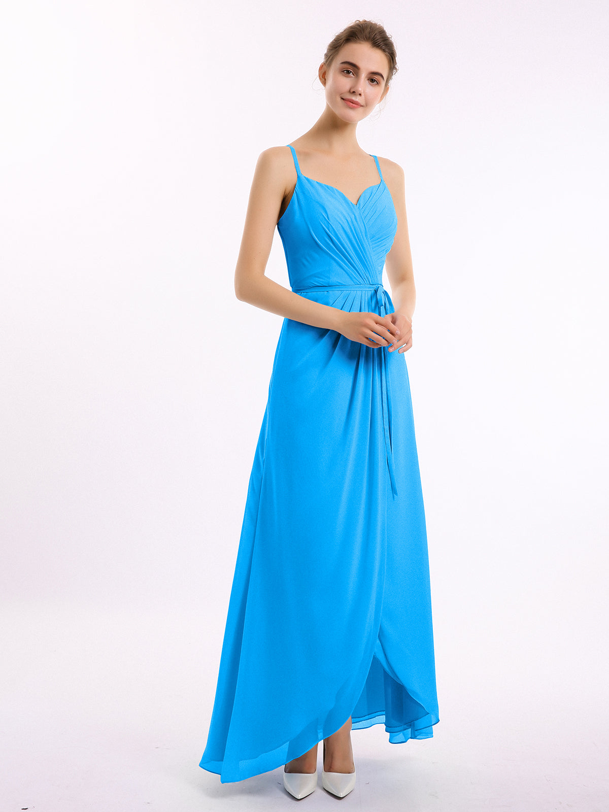 Halter Straps Full Length Chiffon Dresses with Pockets Ocean Blue