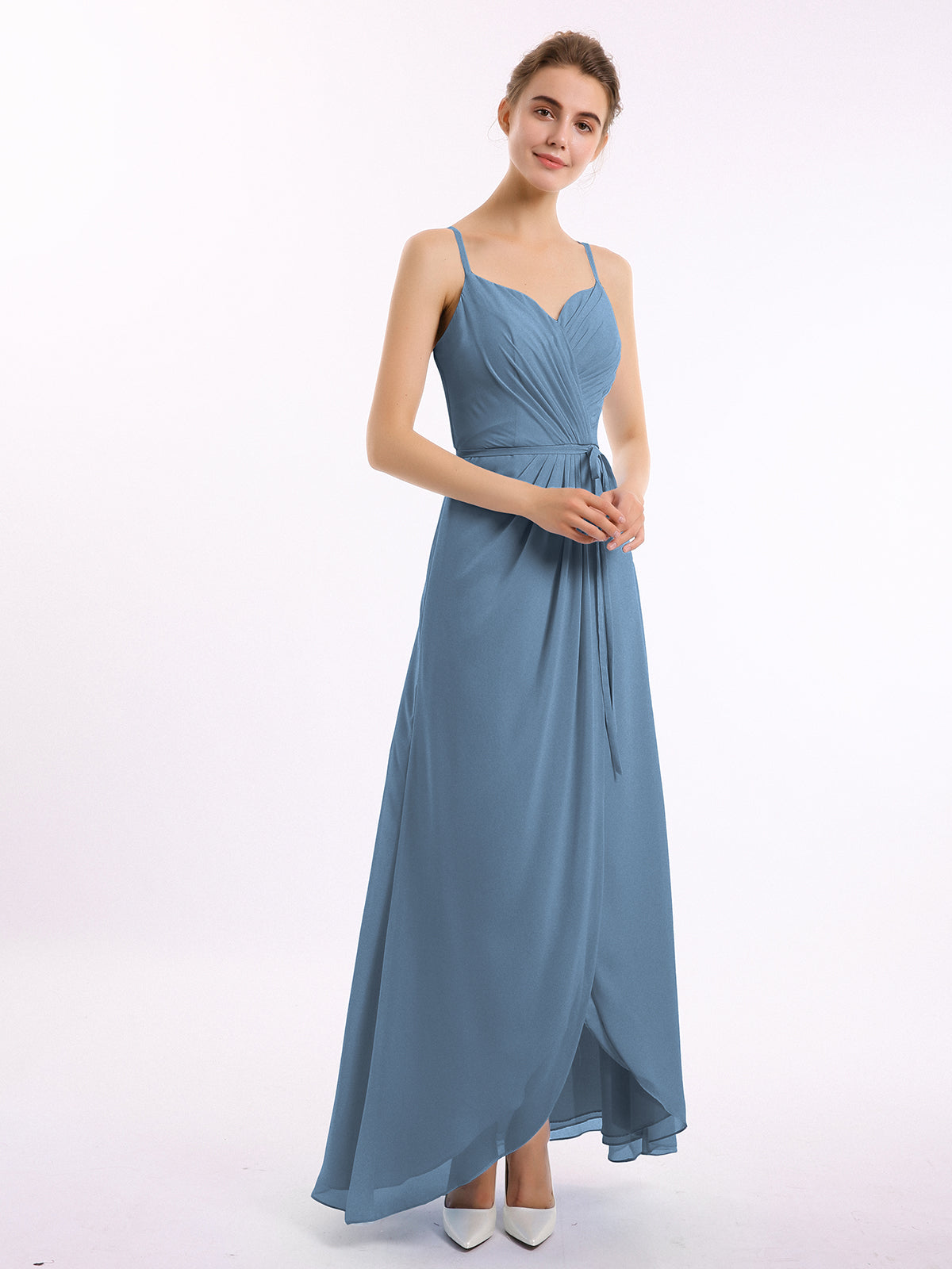 Spaghetti Straps Chiffon Dresses with Ruffle Dusty Blue Plus Size main image 1