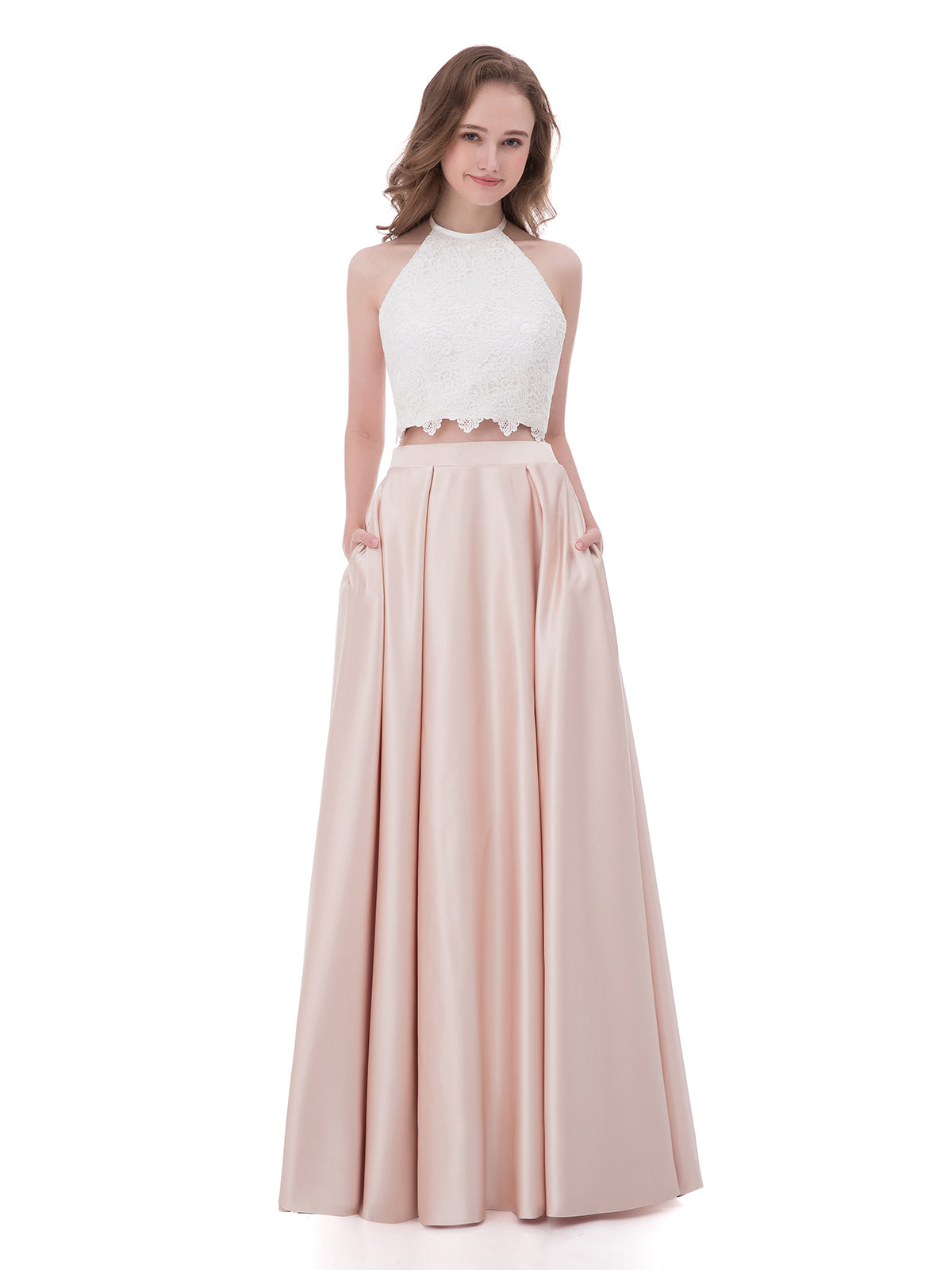 BABARONI Satin Lace Pearl Pink Prom Dresses A-line Halter Sleeveless  Floor-length Zipper