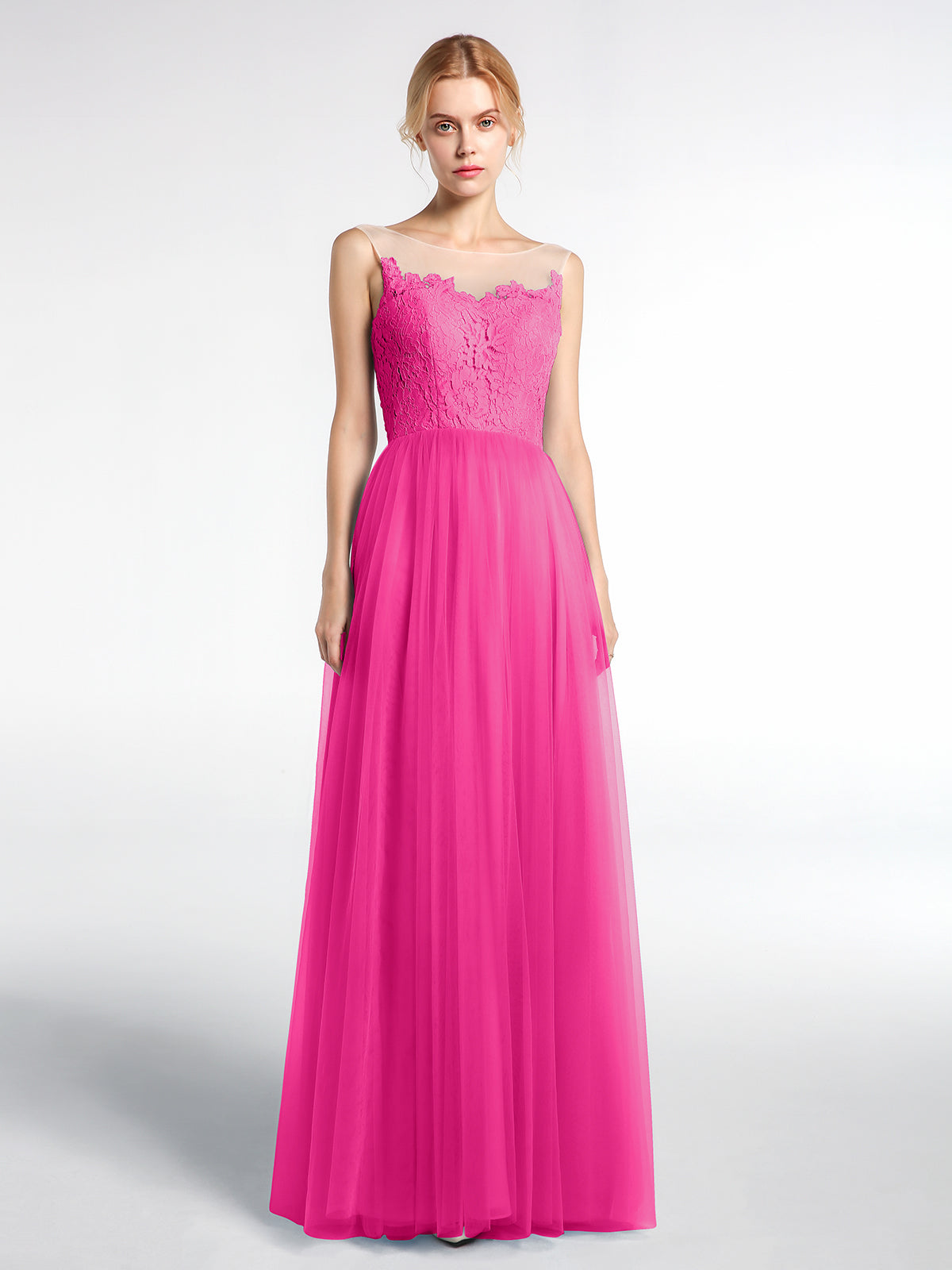 blue dress for baby girl BABARONI Illusion Neckline Lace and Tulle Maxi Dress-Fuchsia, Fuchsia / US0
