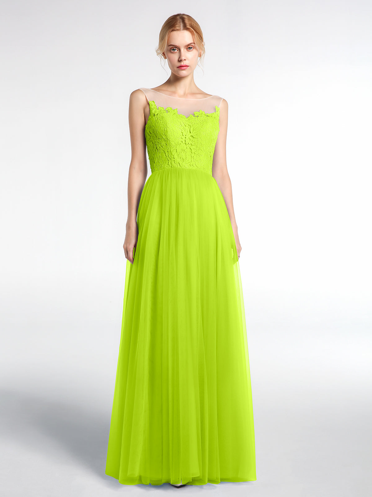 BABARONI Illusion Neckline Lace and Tulle Maxi Dress-Lime Green, Lime Green / US0