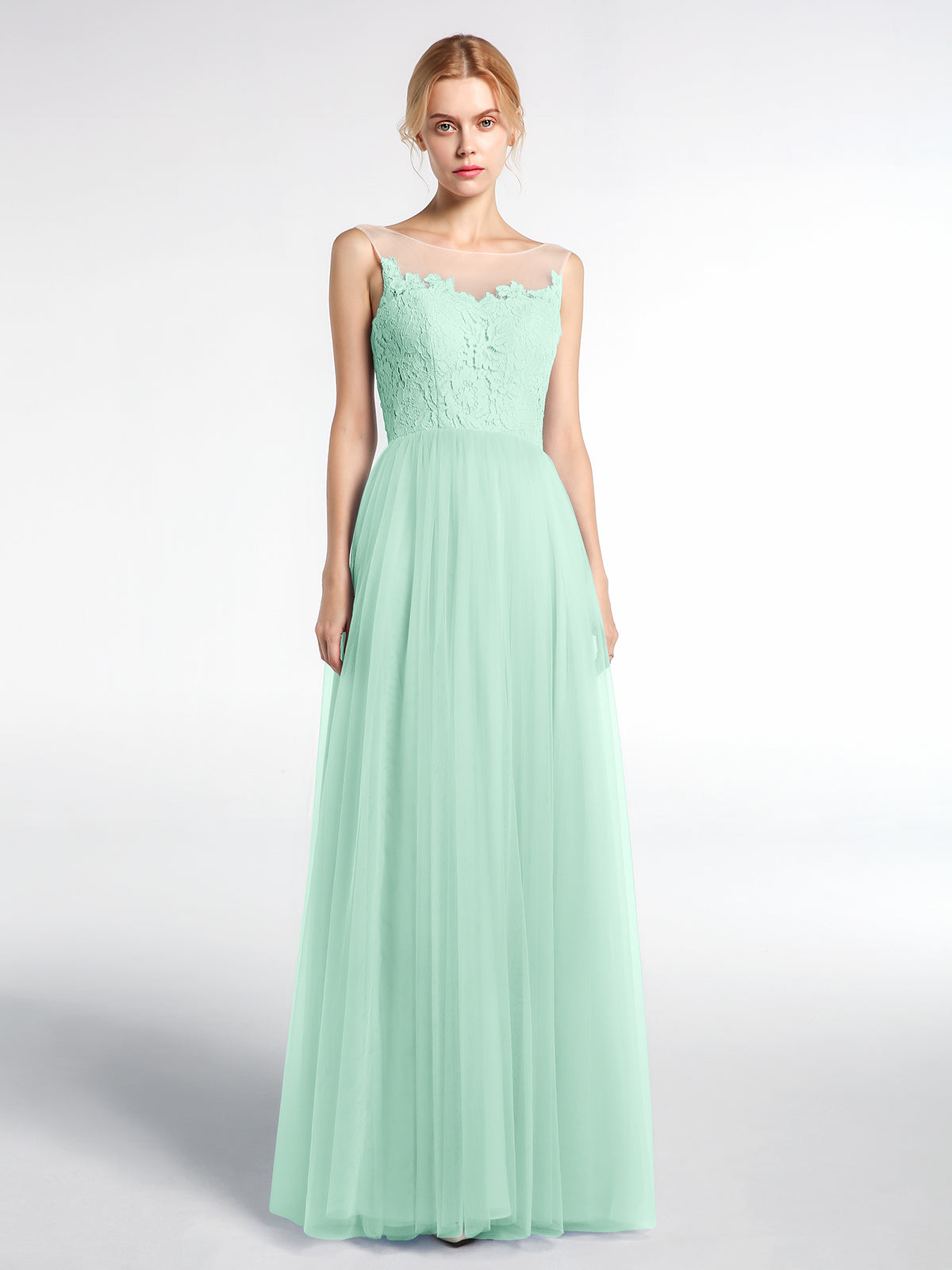 BABARONI Illusion Neckline Lace and Tulle Maxi Dress-Mint Green, Mint Green / US0