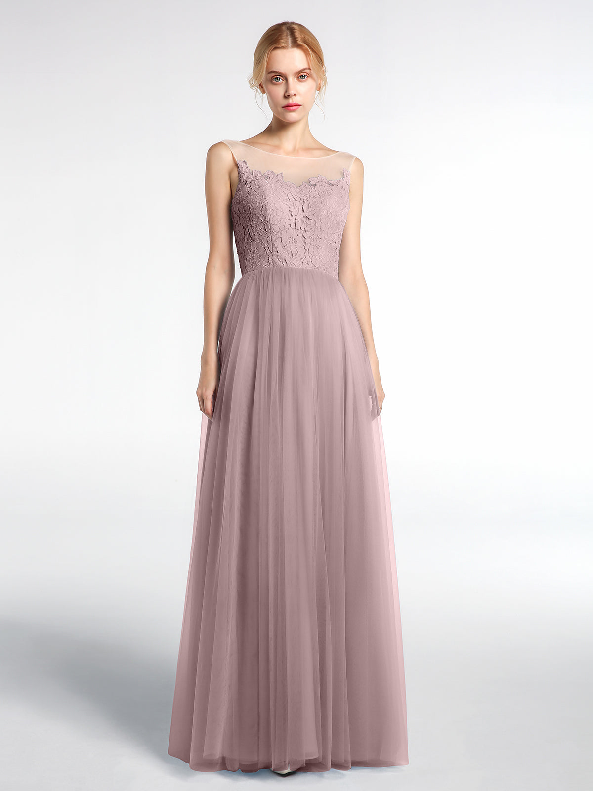 BABARONI Illusion Neckline Lace and Tulle Maxi Dress-Vintage Mauve, Vintage Mauve / US0 BABARONI Illusion Neckline Lace and Tulle Maxi Dress-Vintage Mauve, Vintage Mauve / US0
