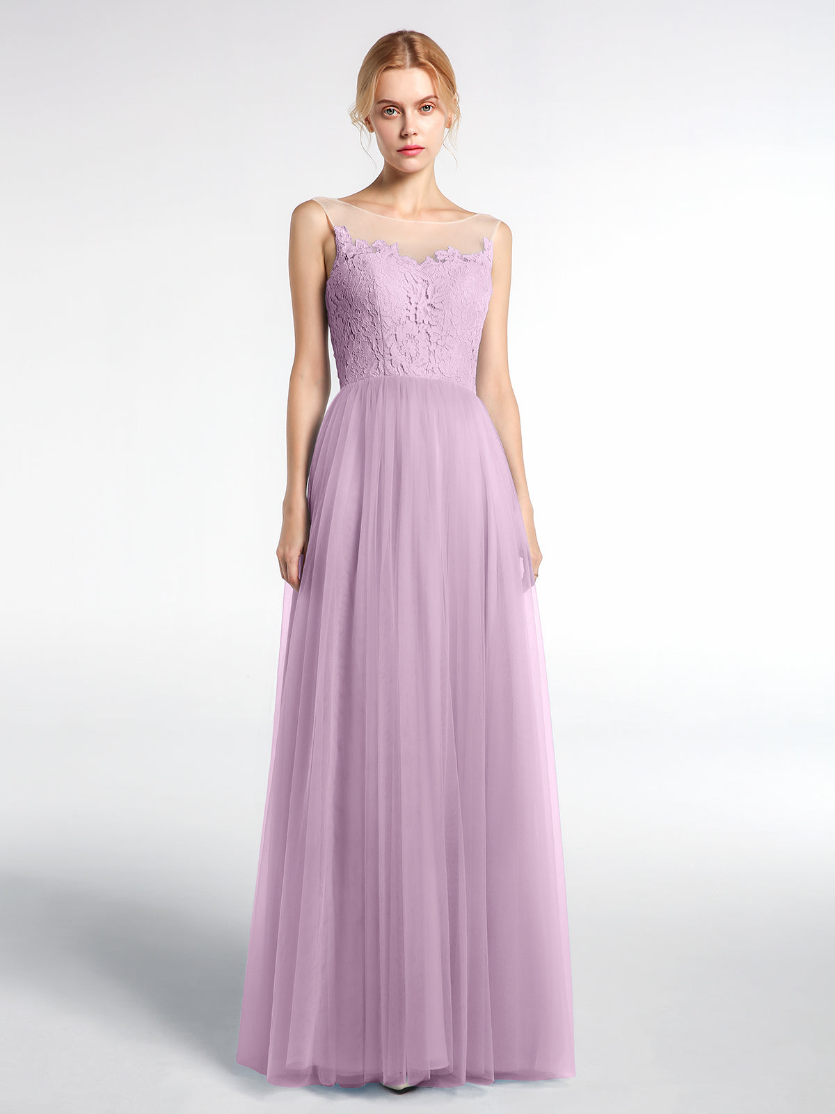 BABARONI Illusion Neckline Lace and Tulle Maxi Dress-Wisteria, Wisteria / US0