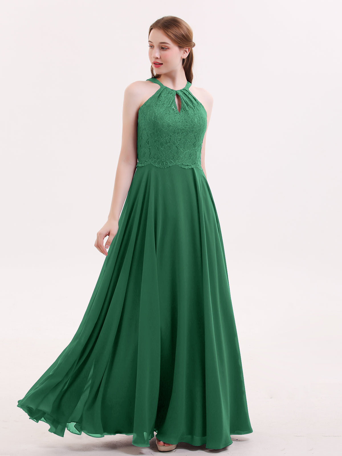 pandora bridesmaid dresses BABARONI Lace and Chiffon Halter Dress with Open Back-Dark Green, Dark Green / US0