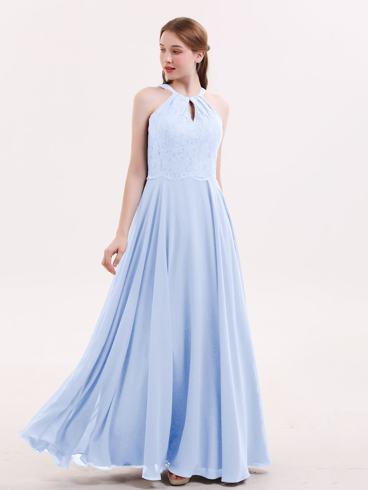 V-neck Lace and Chiffon Dresses with Open Back Sky Blue