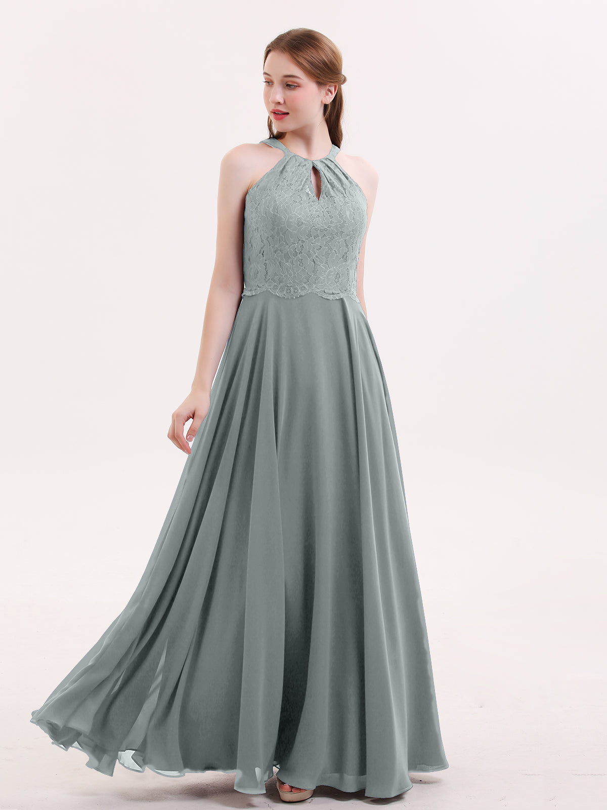 Chiffon and Lace Hlater Long Gowns Steel Grey Plus Size