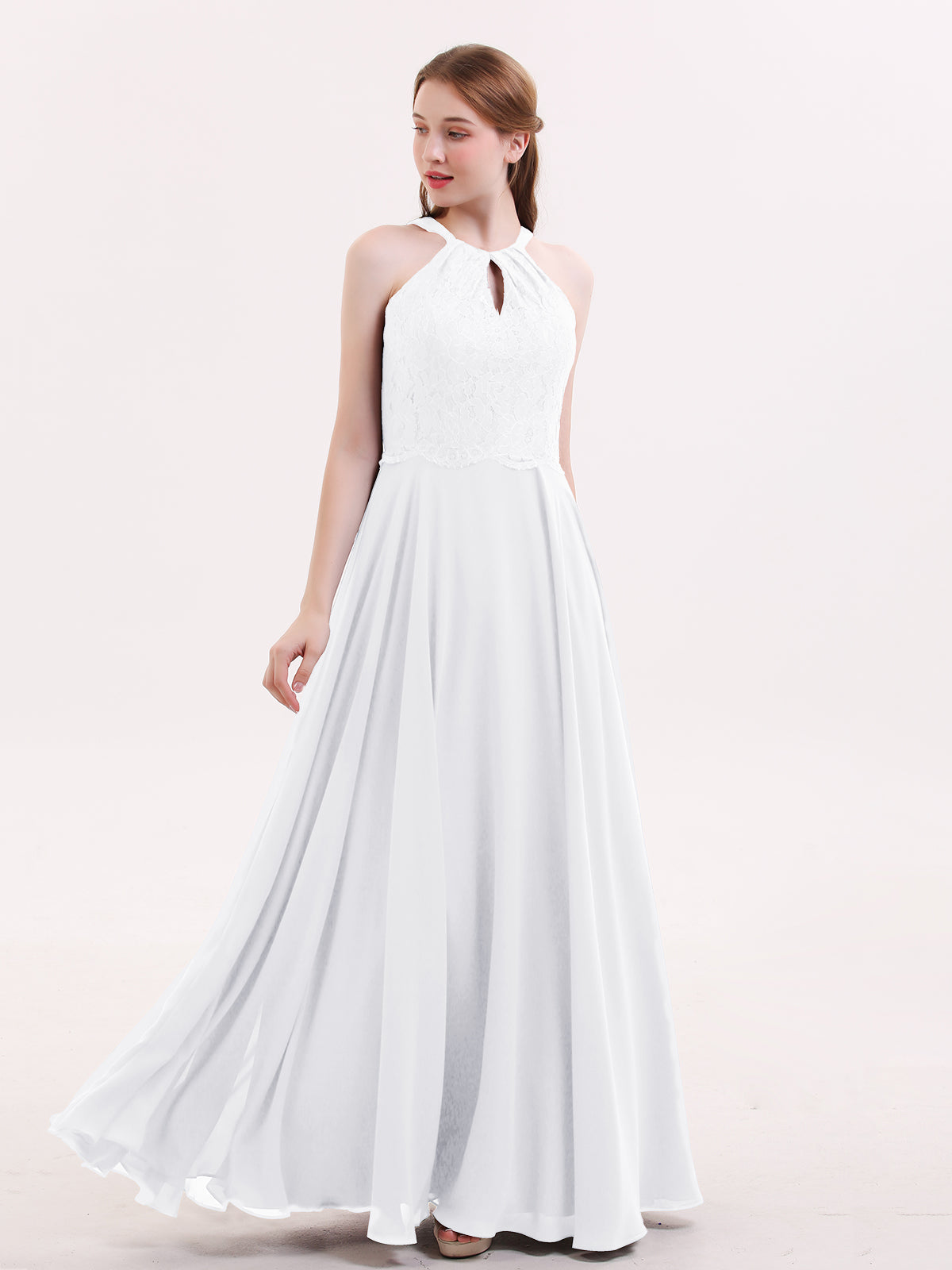 Lace Open Back Halter Midi Dress in White