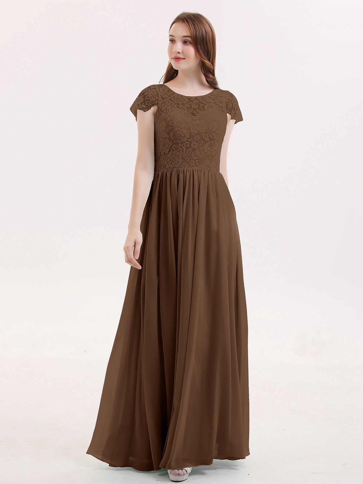 BABARONI Long Bridesmaid Dresses with Cap Sleeves Brown, Brown / US0