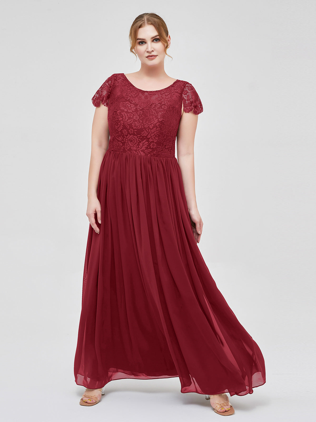 Burgundy Plus Size Chiffon Bridesmaid Dress with Lace Bodice and Cap Sleeves