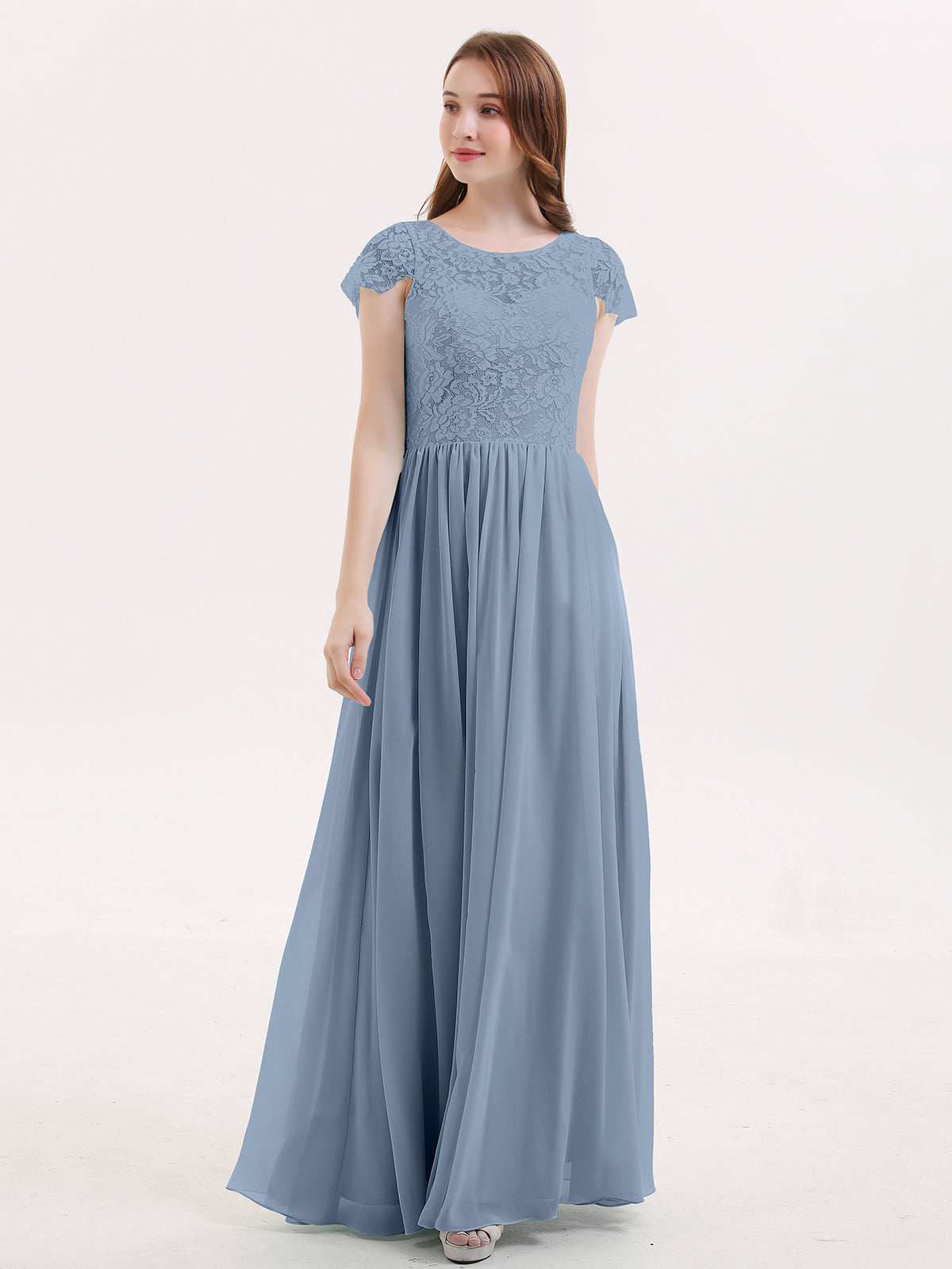BABARONI Lace Dusty Blue Bridesmaid Dresses Illusion Floor-length Cap Sleeve Lace A-line BABARONI Lace Dusty Blue Bridesmaid Dresses Illusion Floor-length Cap Sleeve Lace A-line