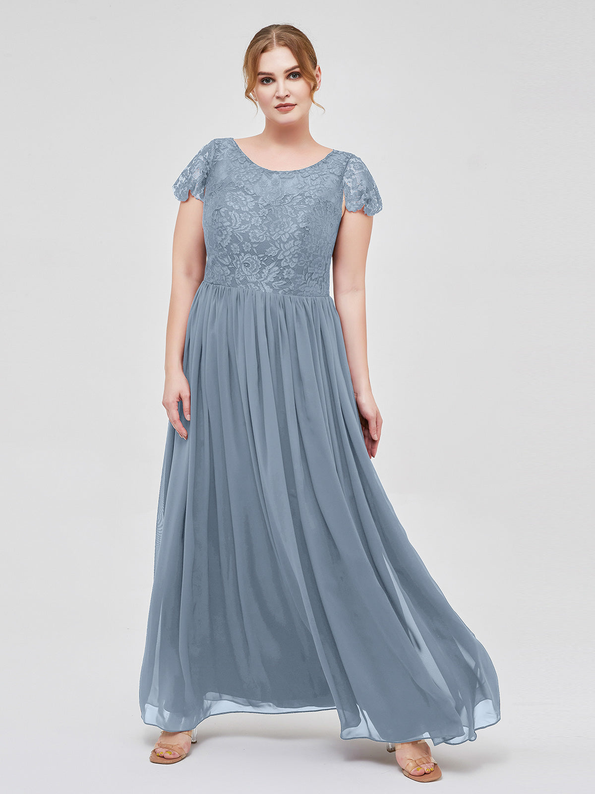 dusty blue plus size bridesmaid dresses Chiffon Dress with Lace Bodice and Cap Sleeves Grimsby Black Dress Dresses For Youll be goddess Color:Dark Wine