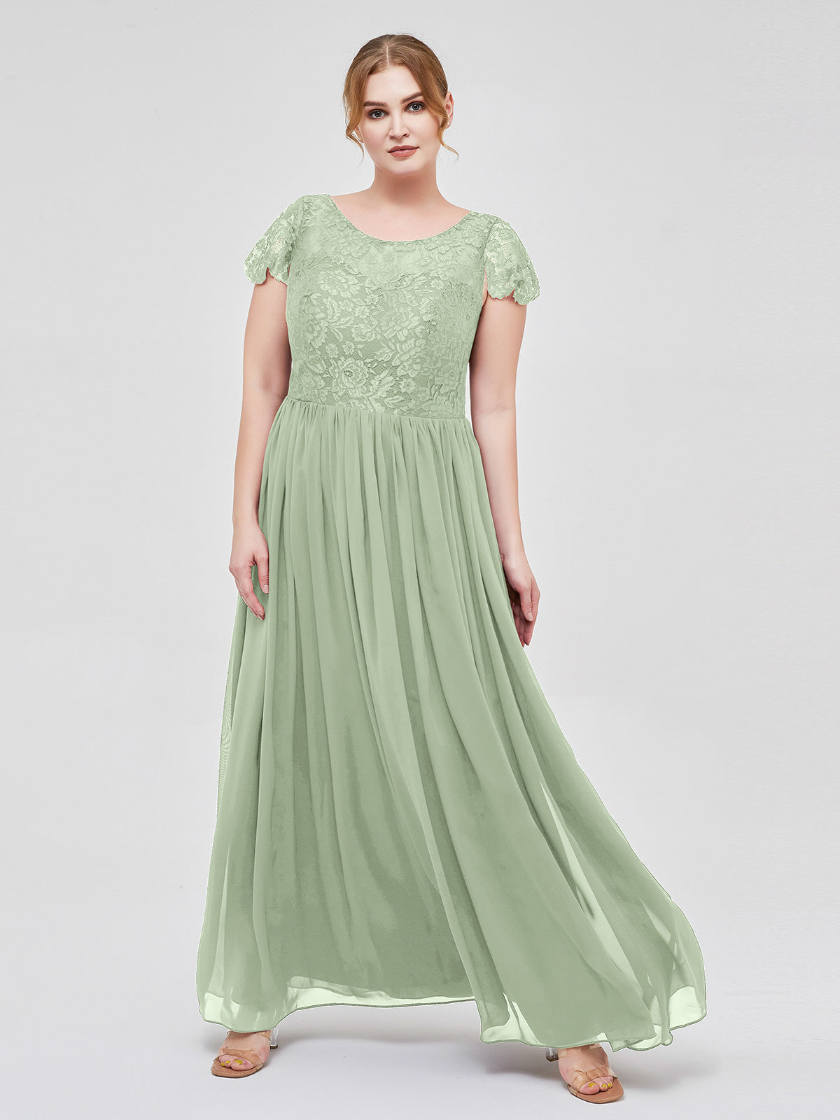 Dusty Sage Plus Size Chiffon Bridesmaid Dress with Lace Bodice and Cap Sleeves | BABARONI Dusty Sage Plus Size Chiffon Bridesmaid Dress with Lace Bodice and Cap Sleeves | BABARONI
