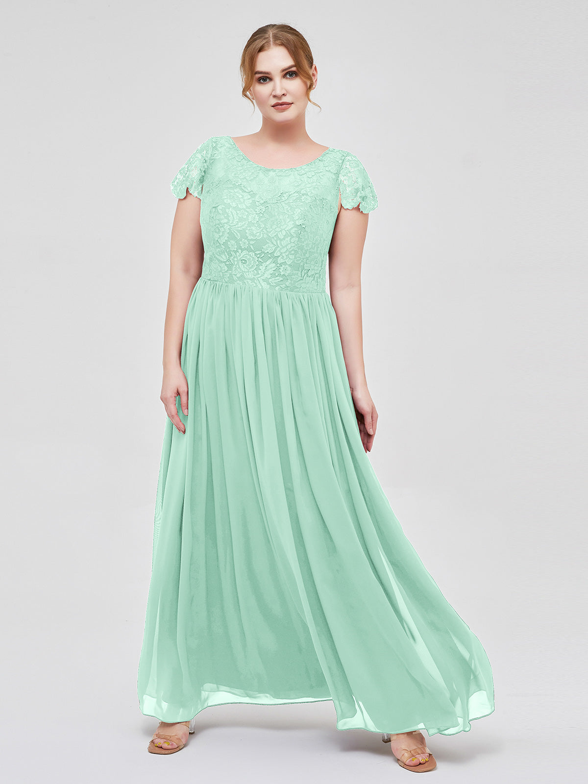 Mint Green Plus Size Chiffon Bridesmaid Dress with Lace Bodice and Cap Sleeves | BABARONI Mint Green Plus Size Chiffon Bridesmaid Dress with Lace Bodice and Cap Sleeves | BABARONI