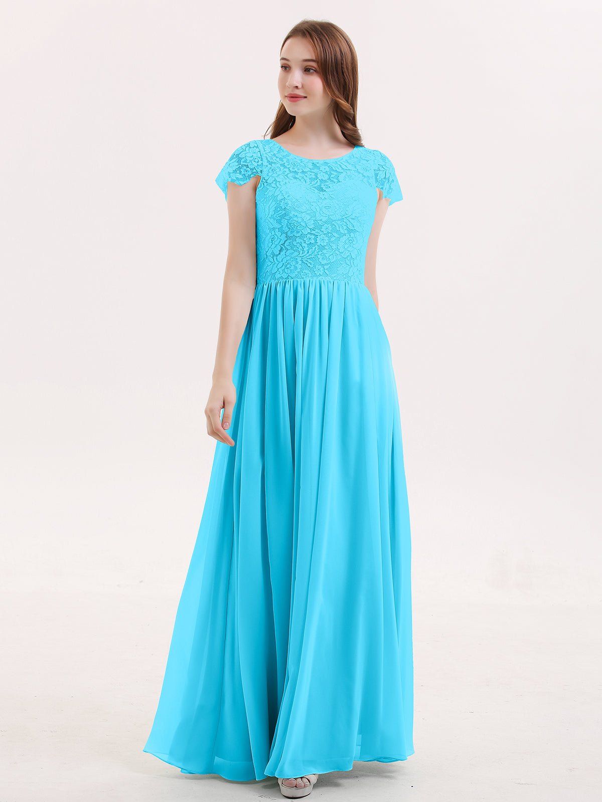 pool bridesmaid dress BABARONI Lace Dresses Illusion Floor-length Cap Sleeve Lace A-line, Pool / US0 black midi prom dress Monogrammable wash only Color:IRIDESCENT OCEAN bridesmaid dresses blue