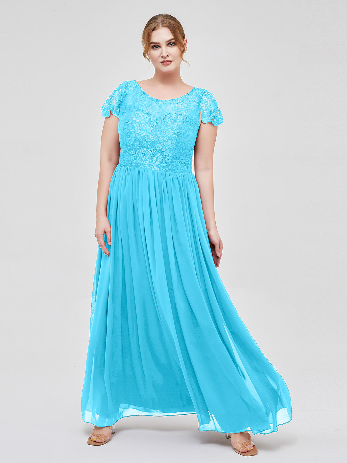 chinese dress ladies Pool Plus Size Chiffon Bridesmaid Dress with Lace Bodice and Cap Sleeves
