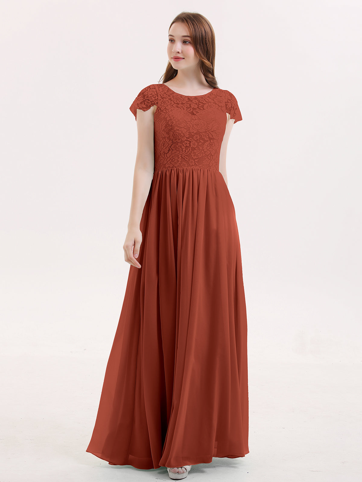 BABARONI BABARONI Lace Rust Bridesmaid Dresses Illusion Floor-length Cap Sleeve Lace A-line, Rust / US0