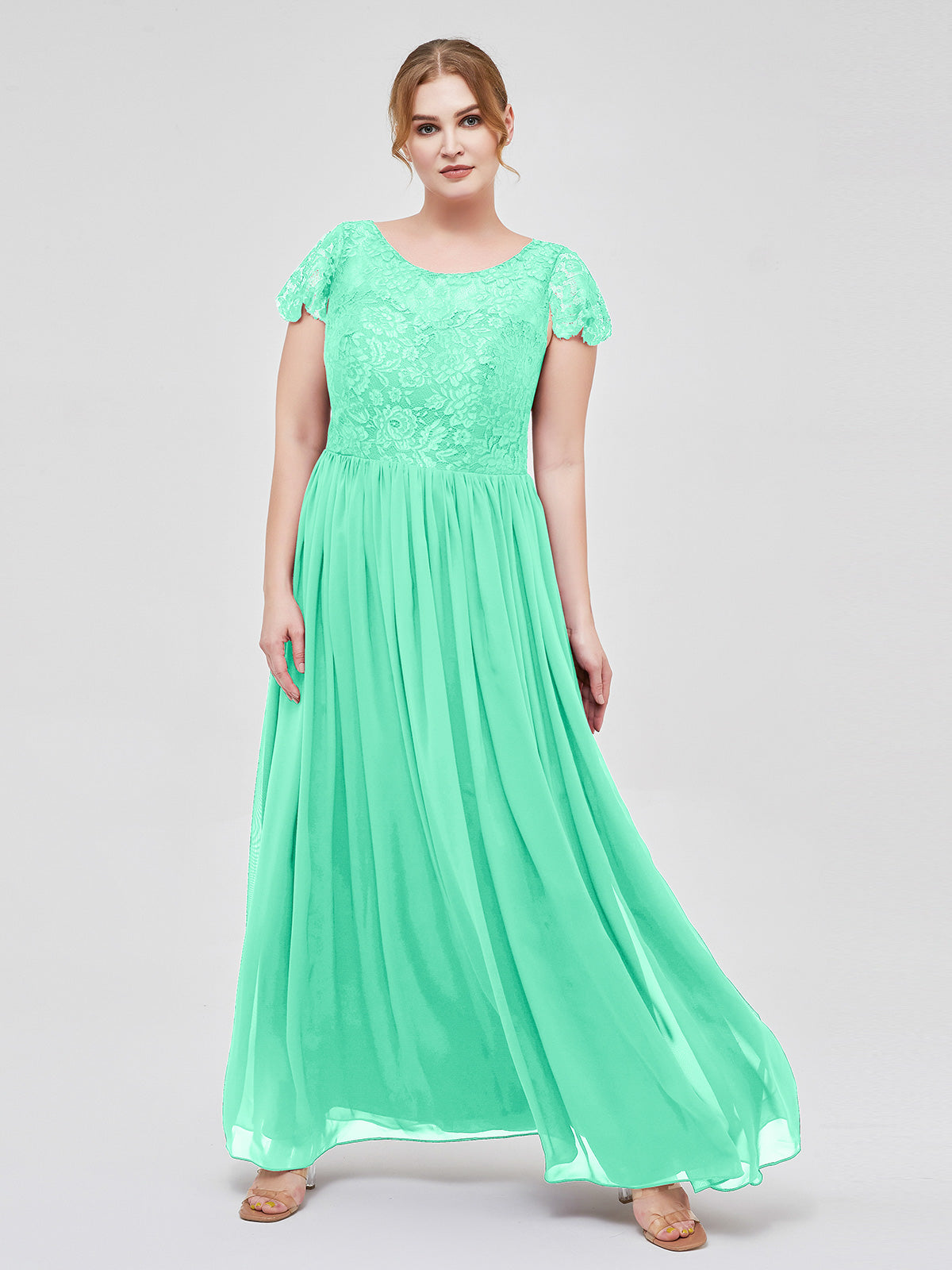 Turquoise Plus Size Chiffon Bridesmaid Dress with Lace Bodice and Cap Sleeves | BABARONI Turquoise Plus Size Chiffon Bridesmaid Dress with Lace Bodice and Cap Sleeves | BABARONI