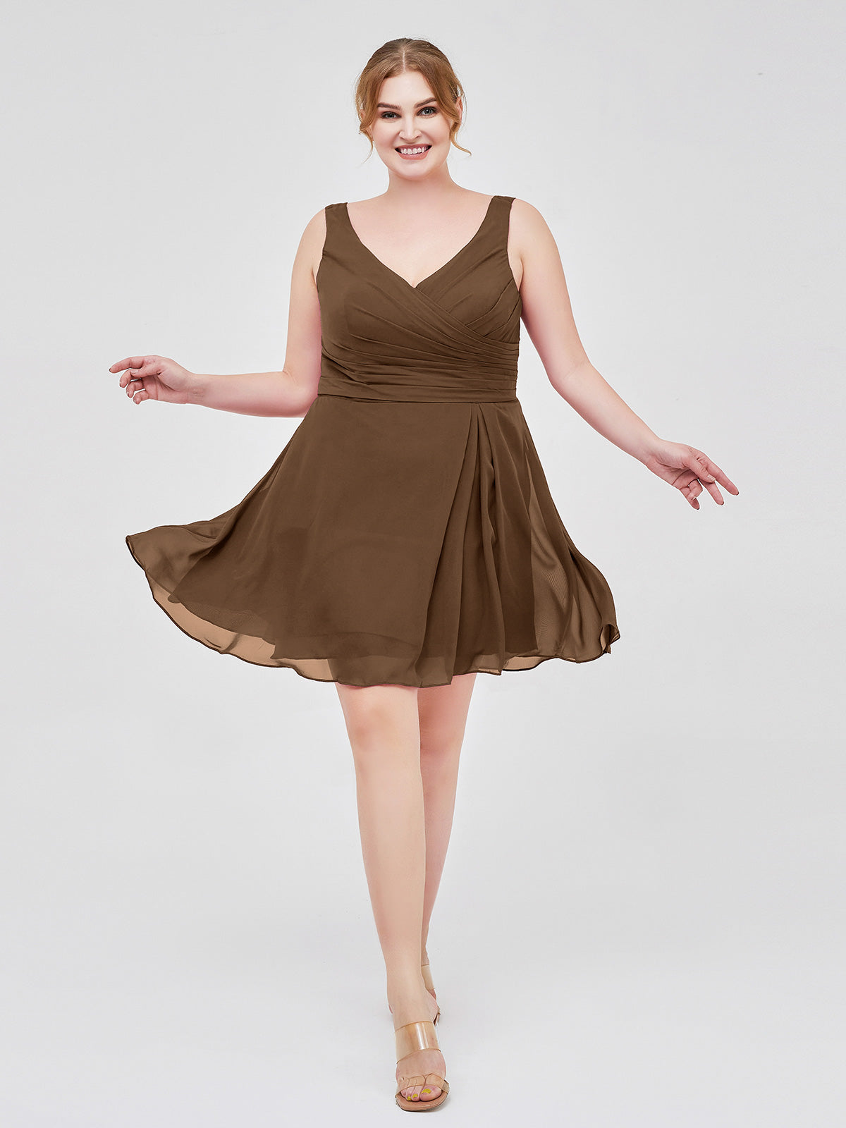 BABARONI V Neck Chiffon Short Dress for Bridesmaids Brown Plus Size, Brown / US18 BABARONI V Neck Chiffon Short Dress for Bridesmaids Brown Plus Size, Brown / US18