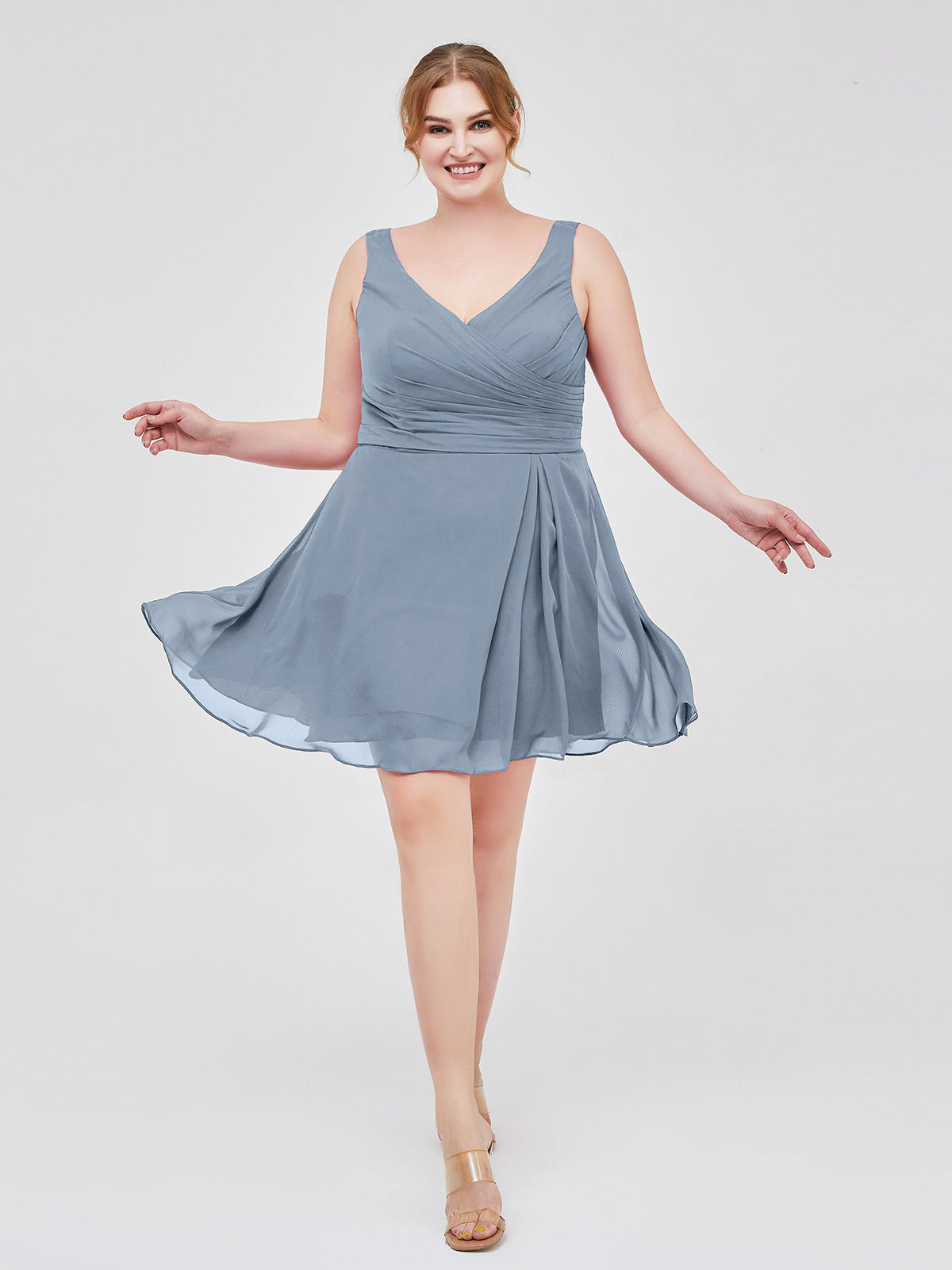 BABARONI Chiffon Dusty Blue Bridesmaid Dresses V-neck Short/Mini Straps Ruched A-line, Dusty Blue / US18