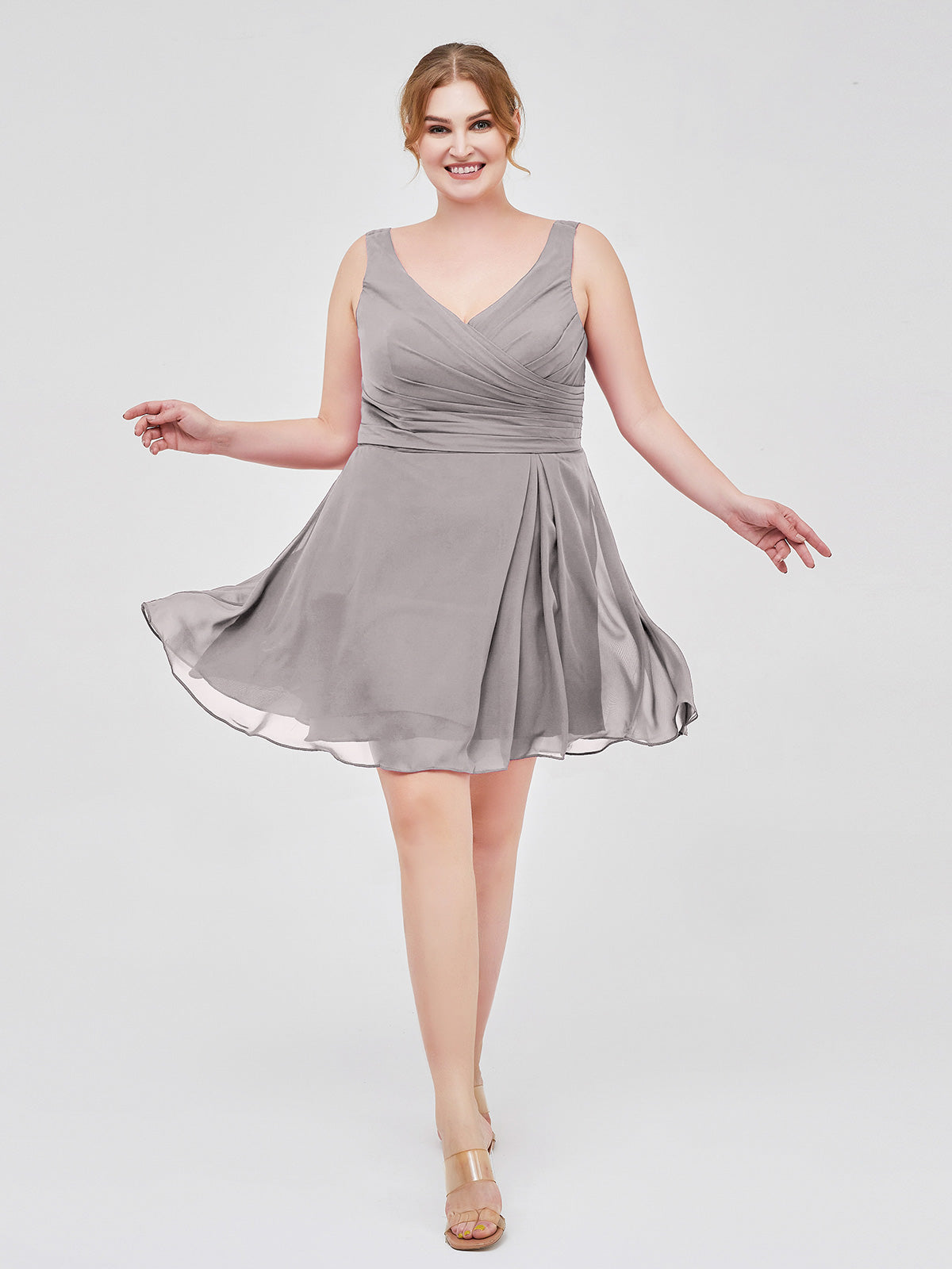 BABARONI V Neck Chiffon Short Dress for Bridesmaids Silver Plus Size, Silver / US18
