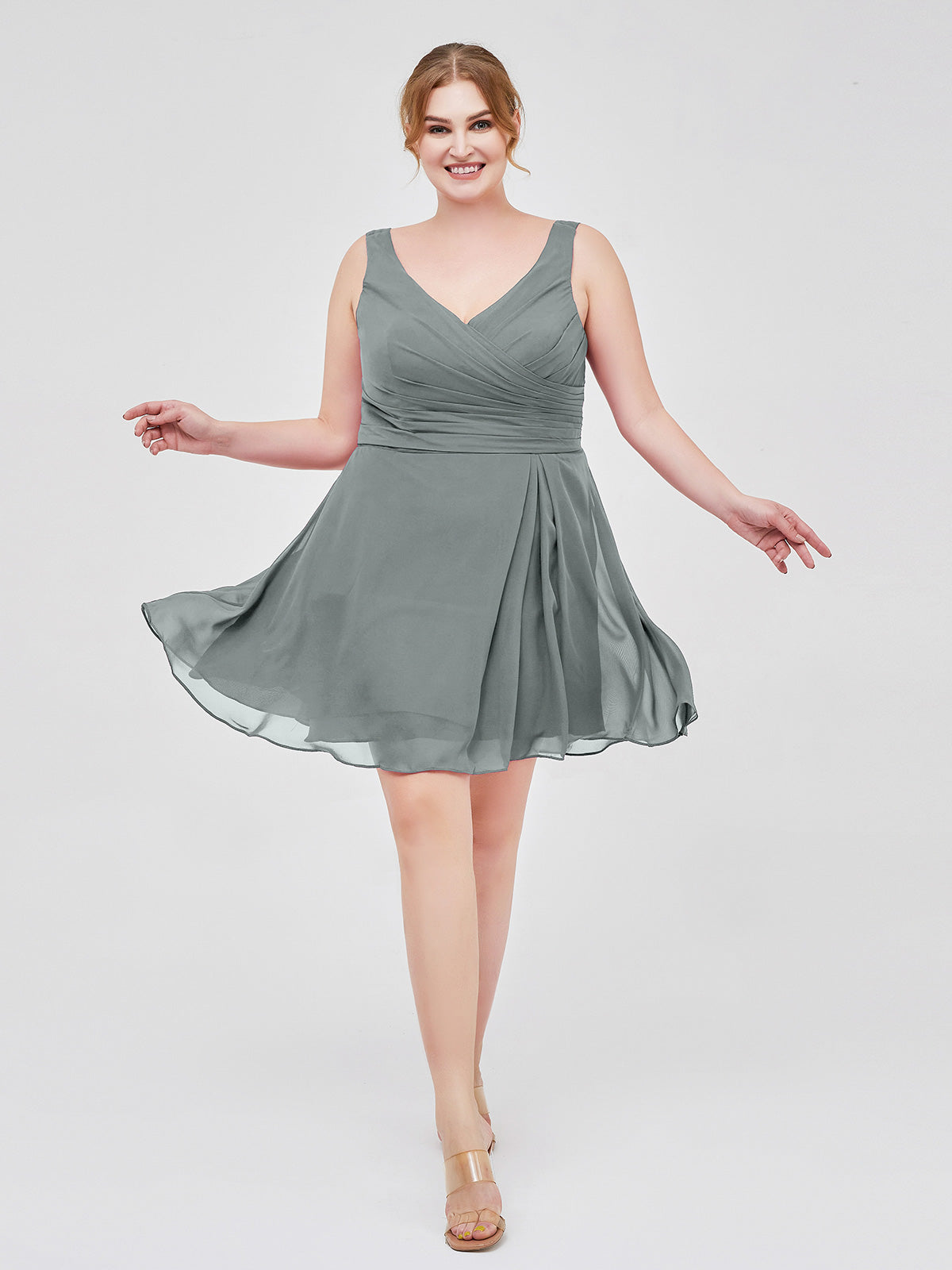 BABARONI V Neck Chiffon Short Dress for Bridesmaids Steel Grey Plus Size, Steel Grey / US18 BABARONI V Neck Chiffon Short Dress for Bridesmaids Steel Grey Plus Size, Steel Grey / US18