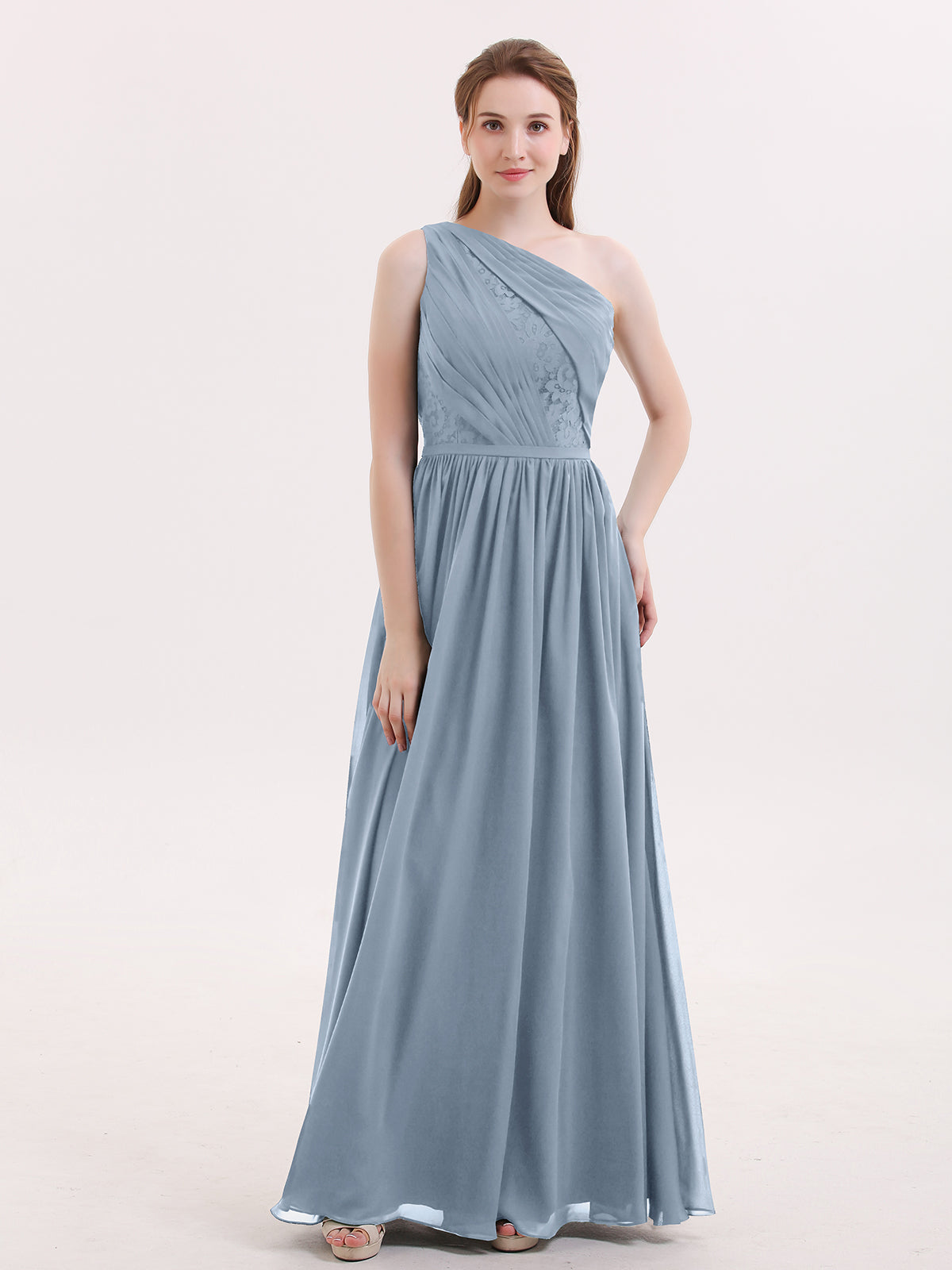 BABARONI BABARONI Chiffon Dusty Blue Bridesmaid Dresses One Shoulder Floor-length Side Sleeveless Lace A-line, Dusty Blue / US0 BABARONI BABARONI Chiffon Dusty Blue Bridesmaid Dresses One Shoulder Floor-length Side Sleeveless Lace A-line, Dusty Blue / US0