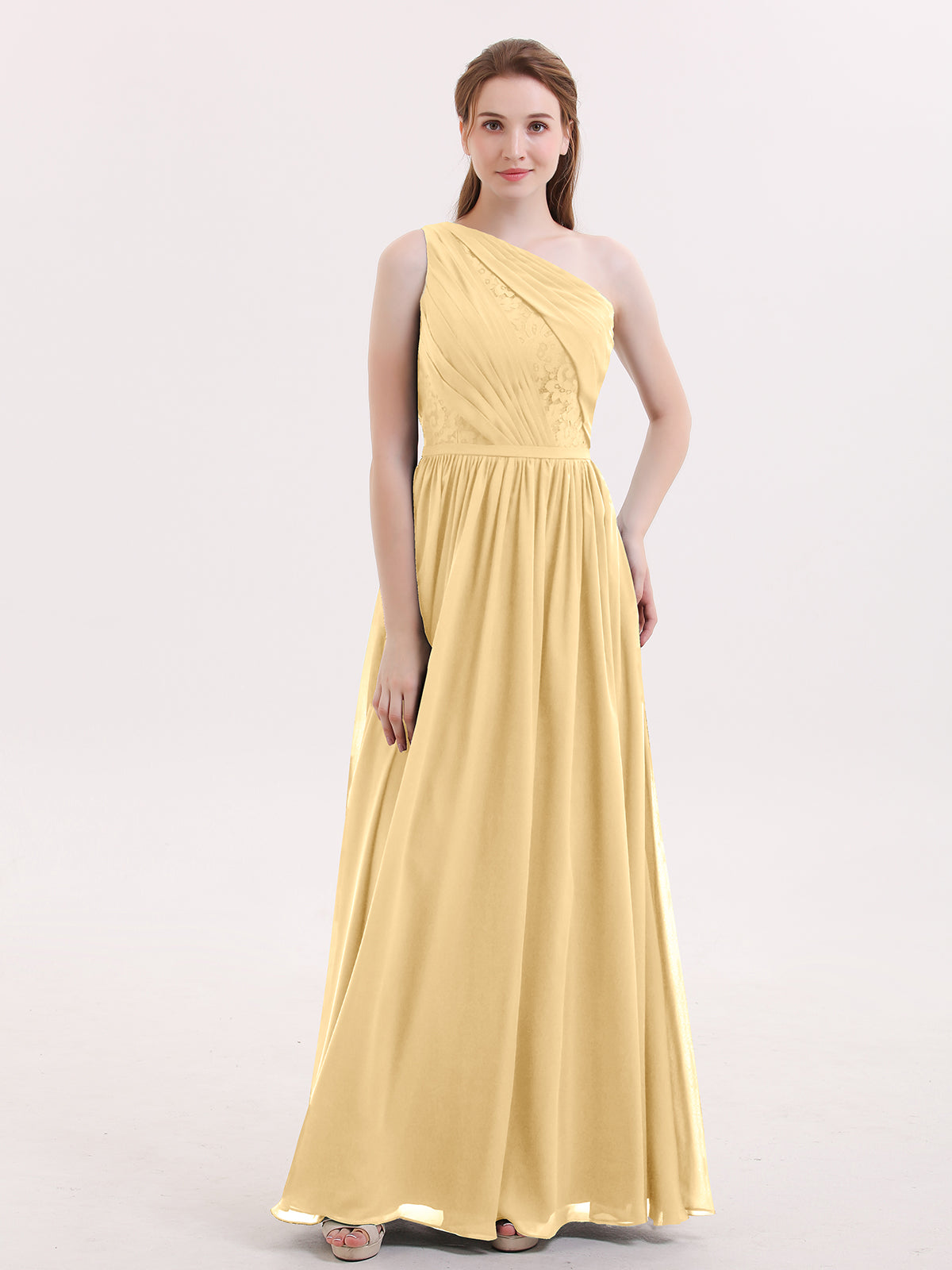 One Shoulder Chiffon and Lace Bridesmaid Dress-Gold Plus Size – BABARONI
