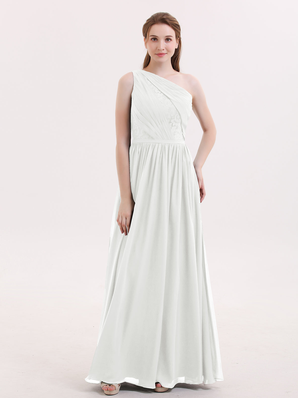 BABARONI One Shoulder Chiffon and Lace Bridesmaid Dress-Ivory, Ivory / US0 BABARONI One Shoulder Chiffon and Lace Bridesmaid Dress-Ivory, Ivory / US0