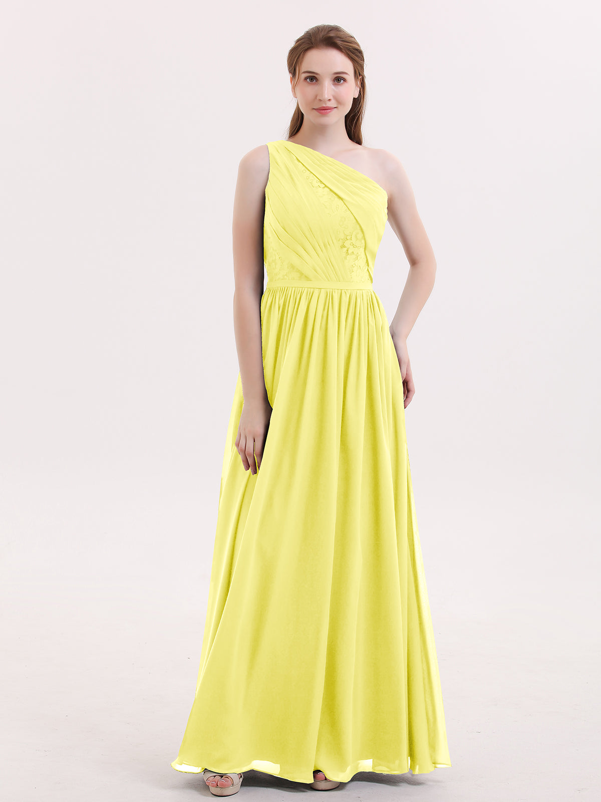 BABARONI One Shoulder Chiffon and Lace Bridesmaid Dress-Lemon Plus Size, Lemon / US18