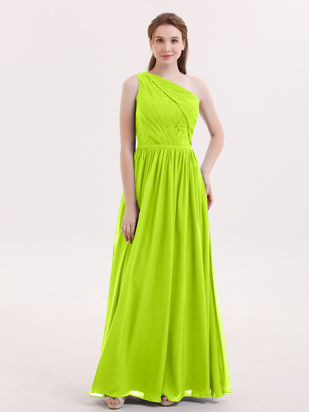 V-neck Chiffon Bridesmaid Dress with Bow Back Lime Green Plus Size