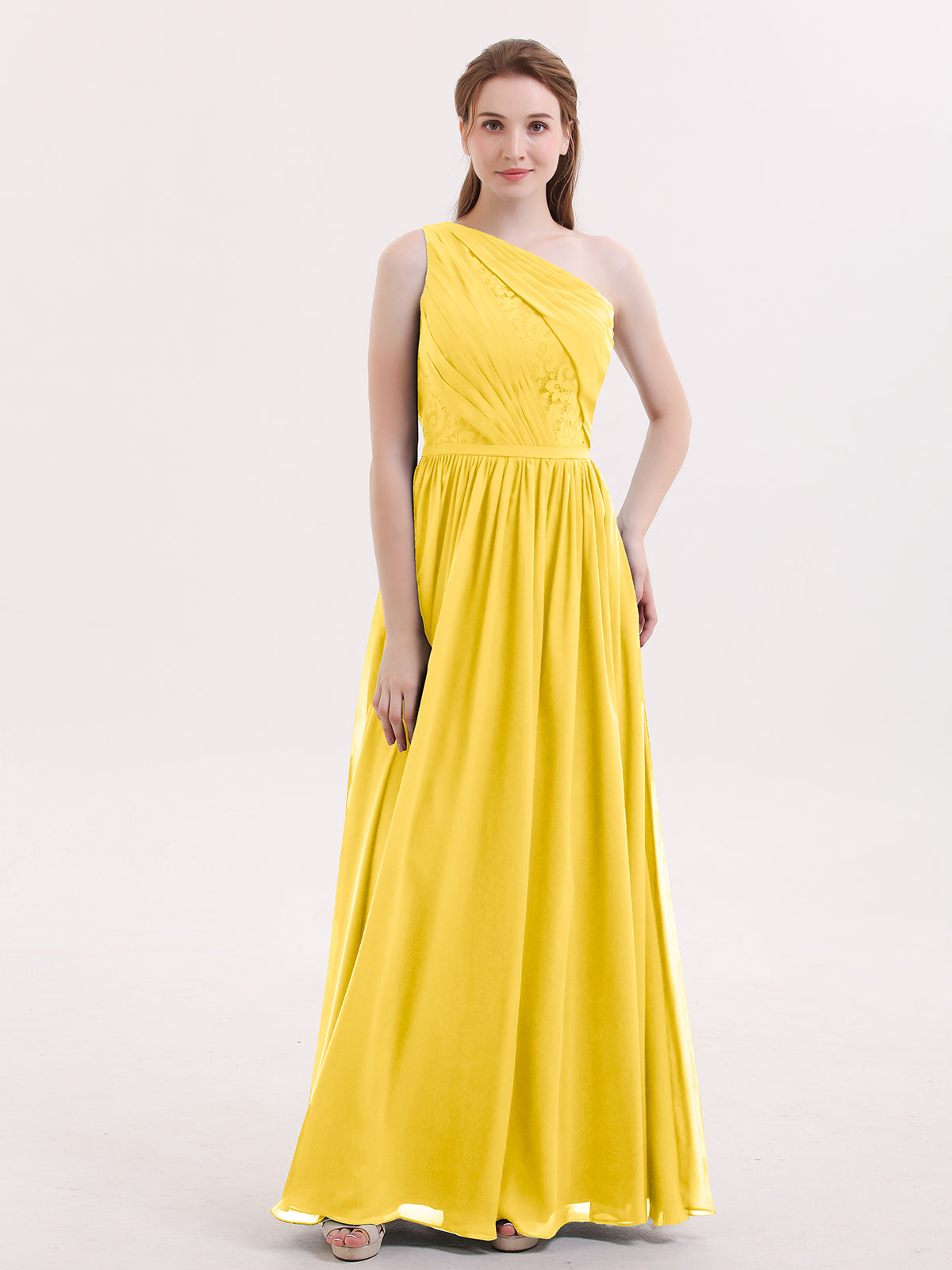 BABARONI Chiffon Marigold Bridesmaid Dresses One Shoulder Floor-length Side Sleeveless Lace A-line, Marigold / US0