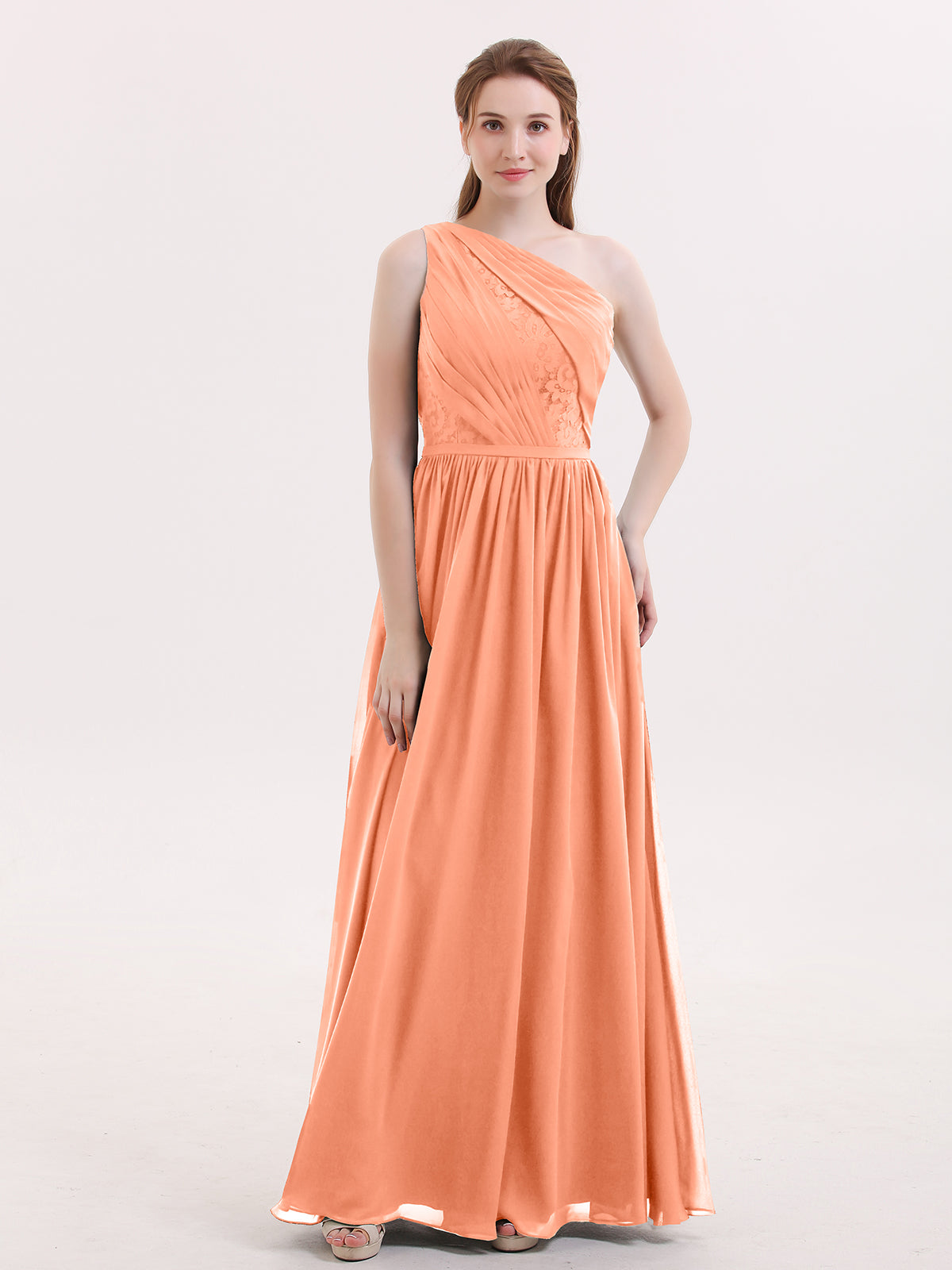 Long Chiffon Bridesmaid Gown with Lace Cap Sleeves Papaya