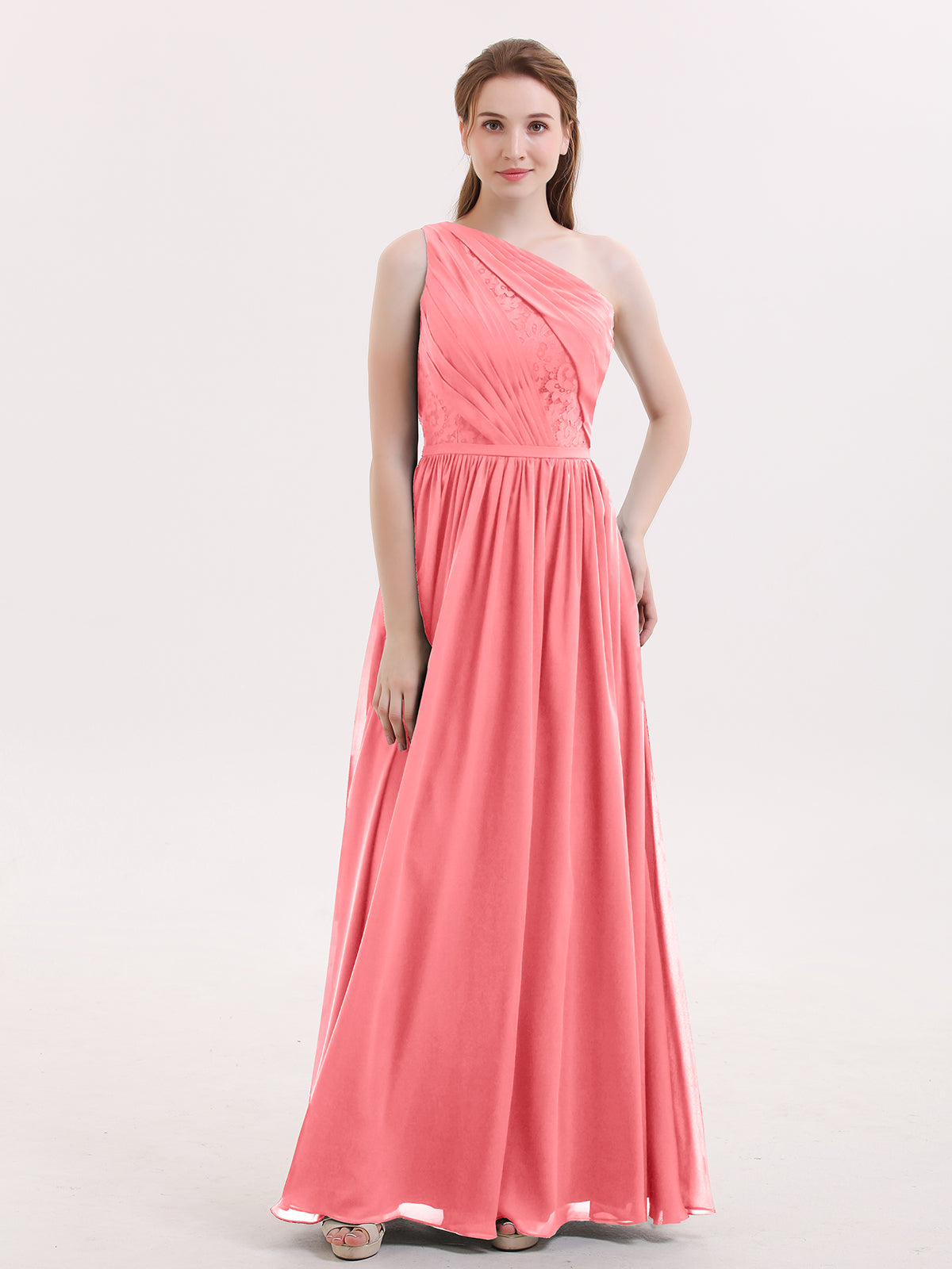 Flowy One Shoulder Chiffon Junior Bridesmaid Dresses Watermelon
