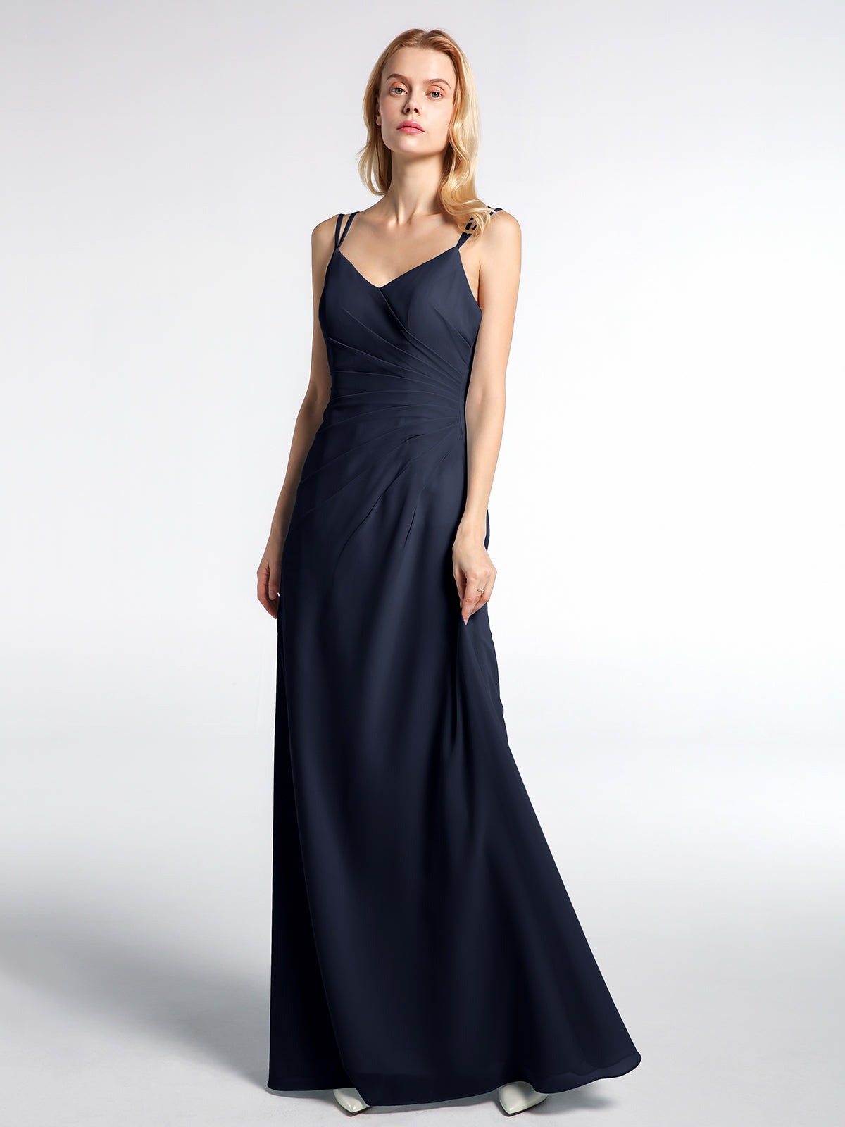 Full-length Spaghetti Strap Off Shoulder Chiffon Gown Dark Navy Plus Size