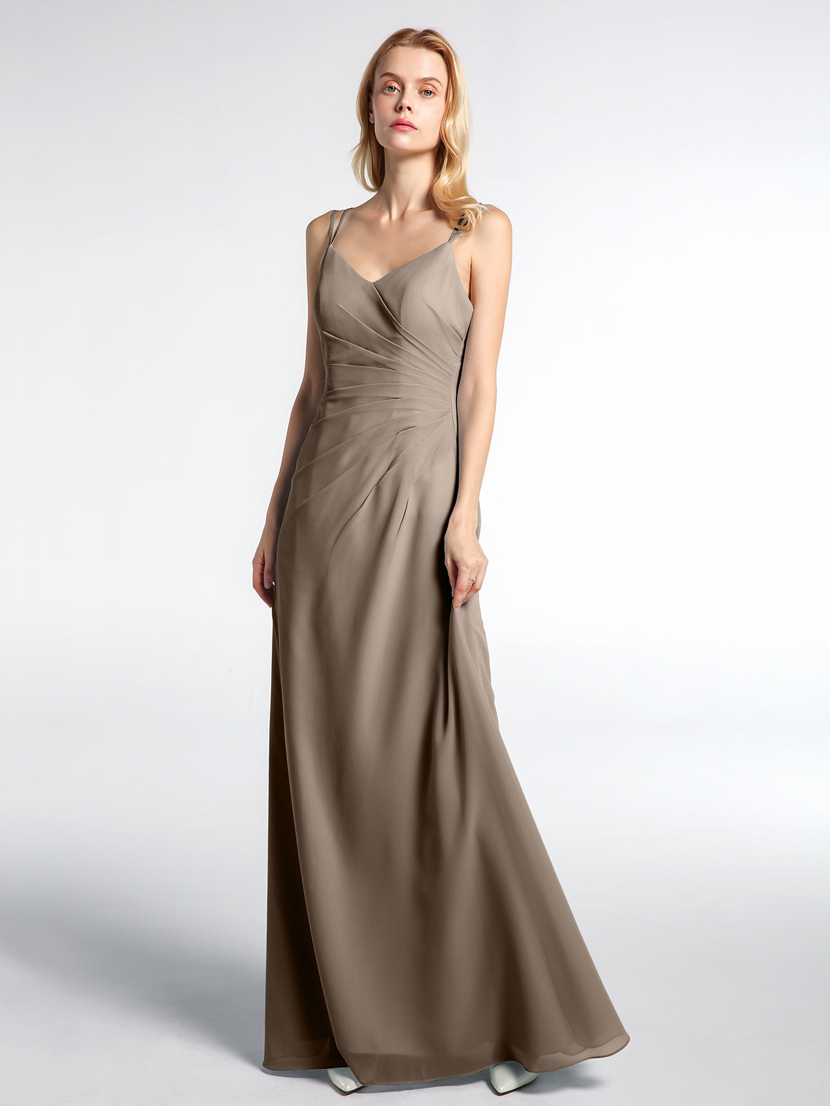 BABARONI Chiffon Taupe Bridesmaid Dresses V-neck Floor-length Spaghetti Straps Pleated A-line BABARONI Chiffon Taupe Bridesmaid Dresses V-neck Floor-length Spaghetti Straps Pleated A-line