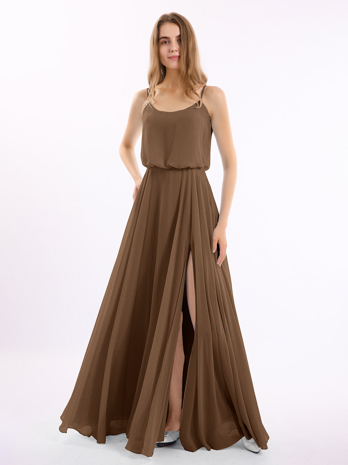 Spaghetti Strap Chiffon Gowns with Pockets and V Neck Brown Plus Size