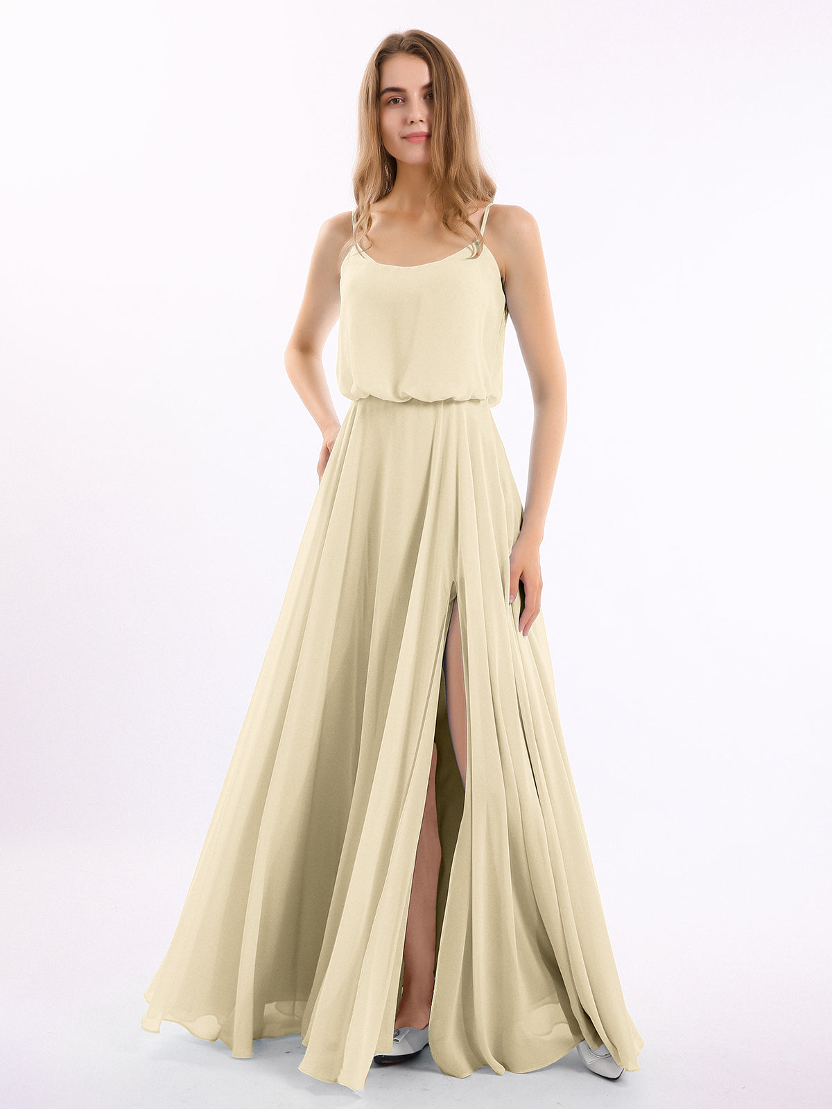 Long Spaghetti Strap Chiffon Gown Scoop Neck High Slit Terracotta