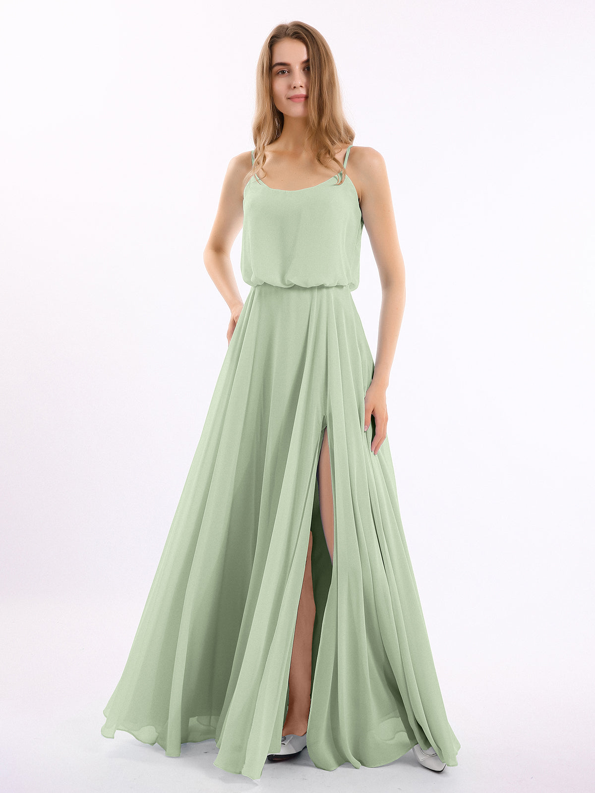 BABARONI Spaghetti Strap Scoop Chiffon Dresses with Slit Dusty Sage, Dusty Sage / US0 BABARONI Spaghetti Strap Scoop Chiffon Dresses with Slit Dusty Sage, Dusty Sage / US0