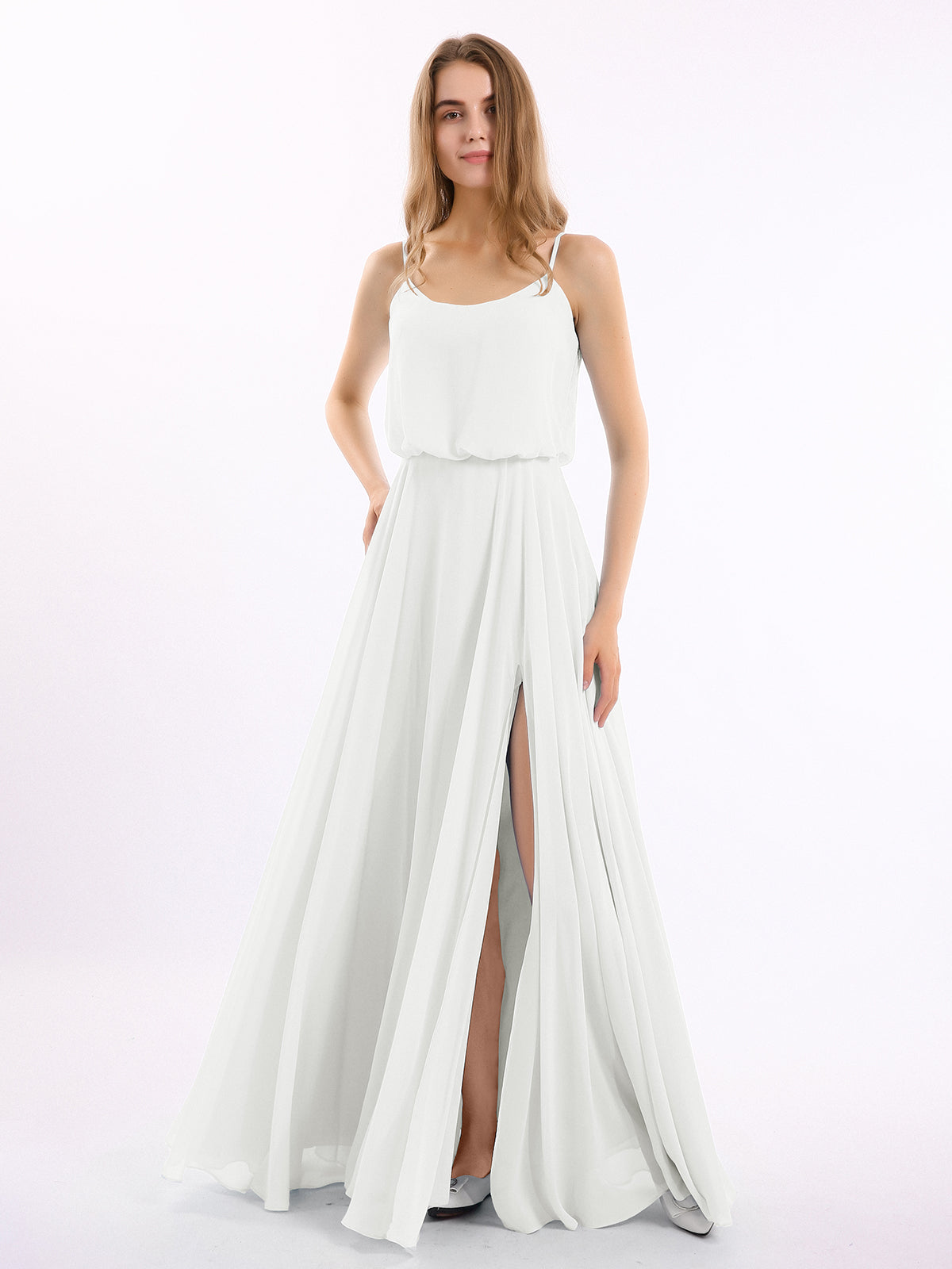 BABARONI Spaghetti Strap Scoop Chiffon Dresses with Slit Ivory, Ivory / US0 BABARONI Spaghetti Strap Scoop Chiffon Dresses with Slit Ivory, Ivory / US0