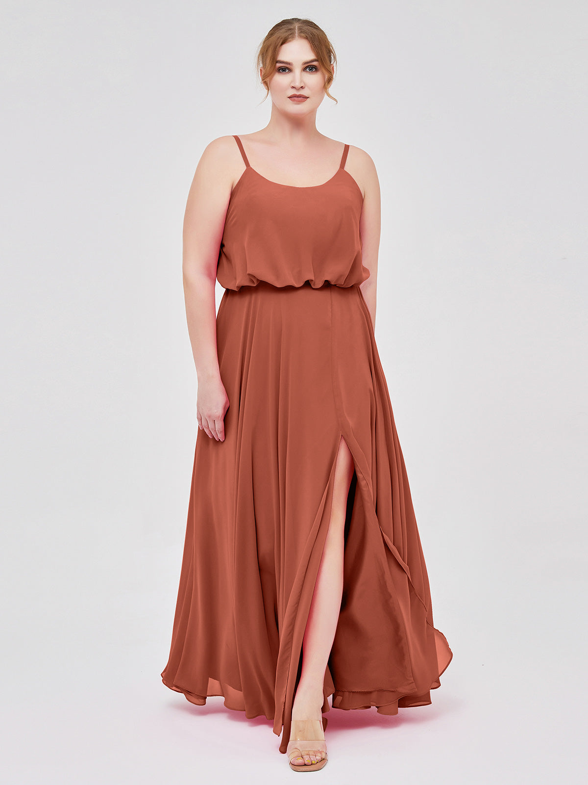 One Shoulder Spaghetti Straps Dress With Slit Rust Plus Size