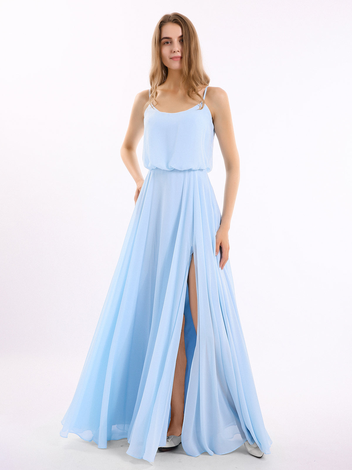 Off the Shoulder Spaghetti Strap Chiffon Gowns Sky Blue main image 1